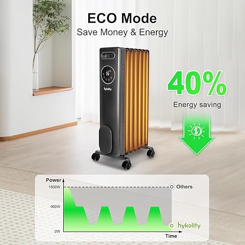 Miniatura 4 de hykolity Radiador eléctrico lleno de aceite, calentador radiante portátil de 1500 W para habitación completa con termostato ajustable, control