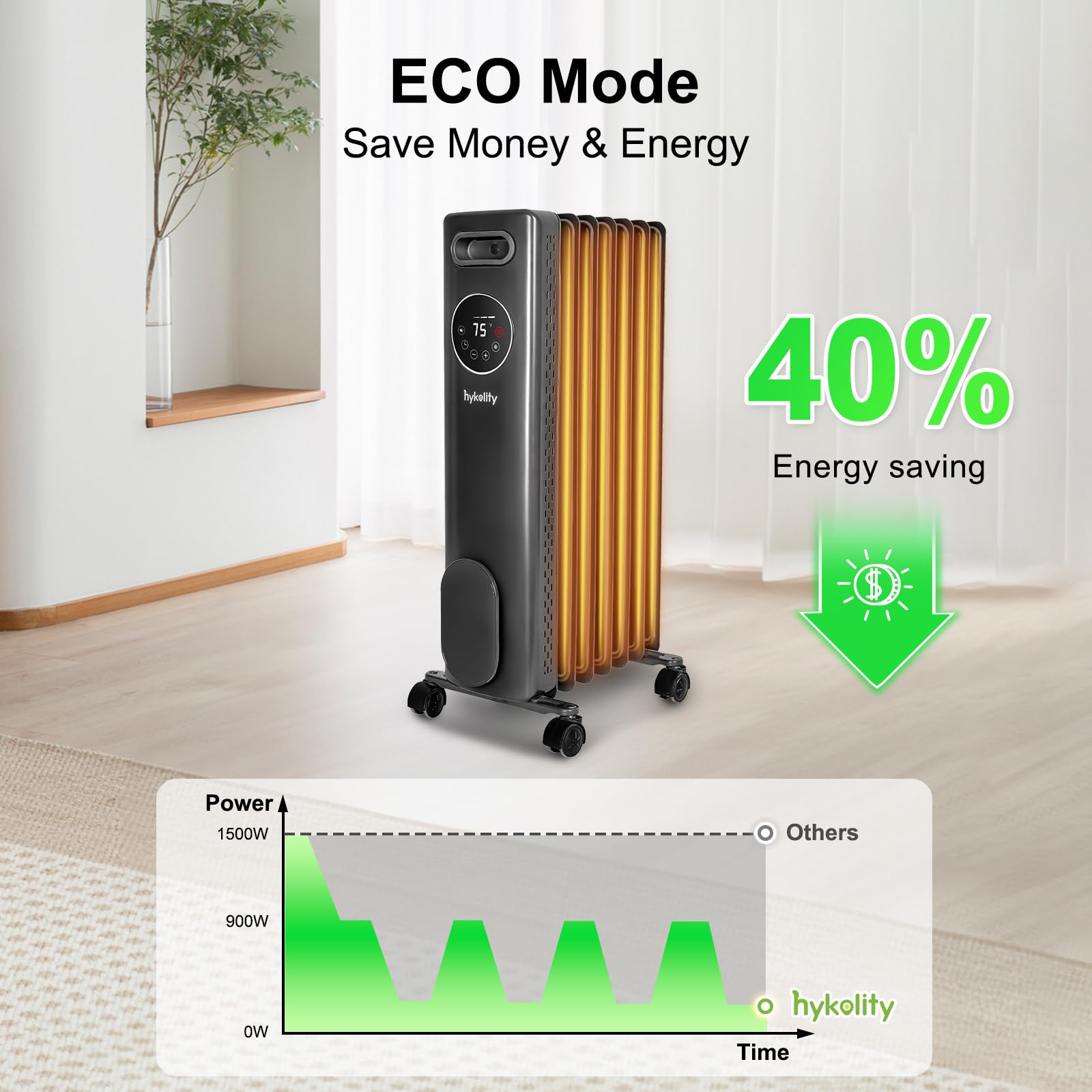 hykolity 1500W Oil Filled Radiator Heater with Remote, 24H On Off Timer, Digital Thermostat,4 Mode Electric Radiant Heater, ECO, ETL Overheat & Tip-Over Protection Indoor Space heater,Grey