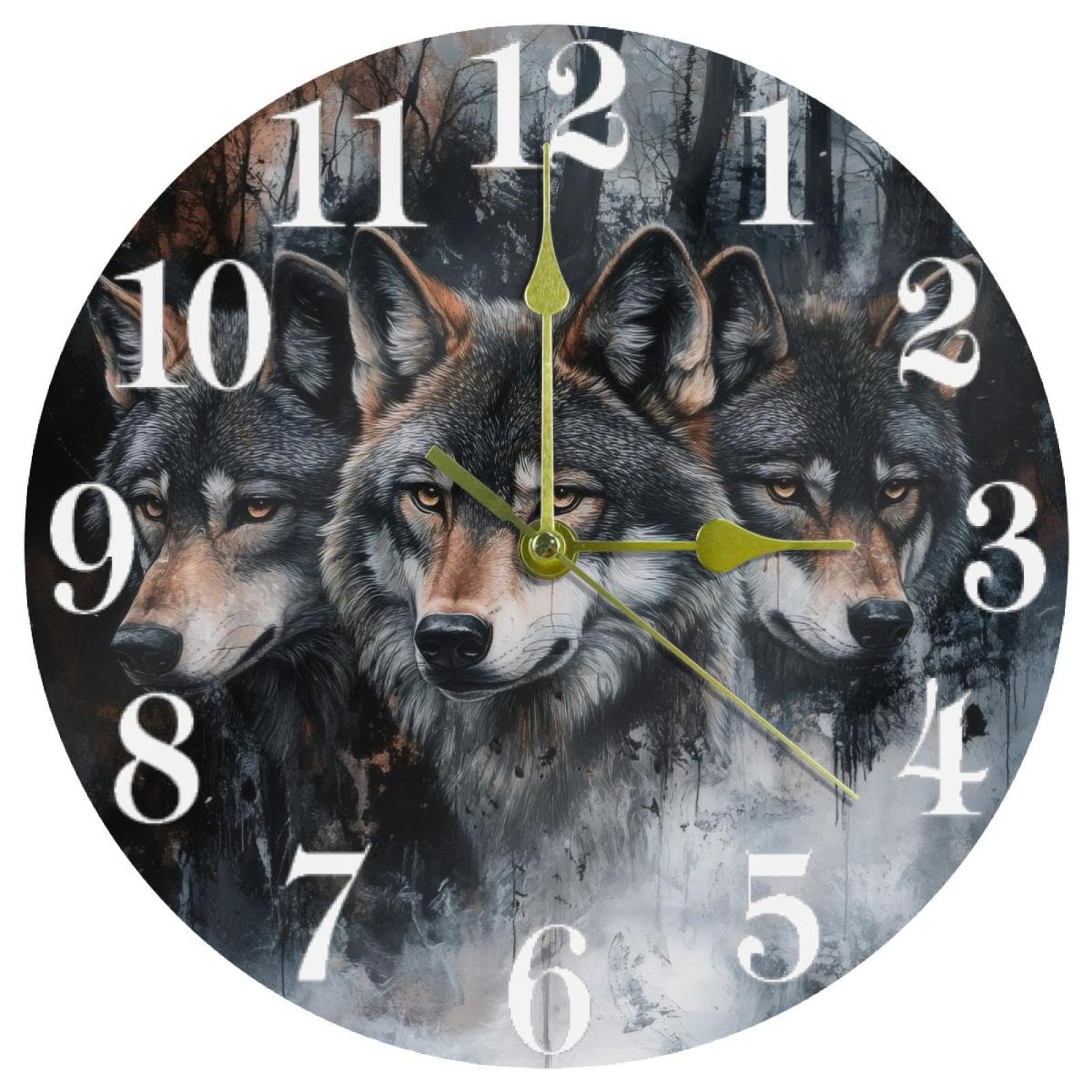 Horloge murale silencieuse à quartz avec motif de loups et sans tic-tac