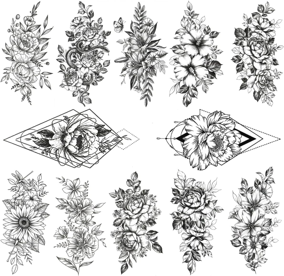 BREENHILLFlower Temporary Tattoos-12Sheets For Women Neck Arm Girls Black,Long Lasting Colorful Waterproof Temporary Stickers For Adults Girl, Party Favors/Gifts/Decoration