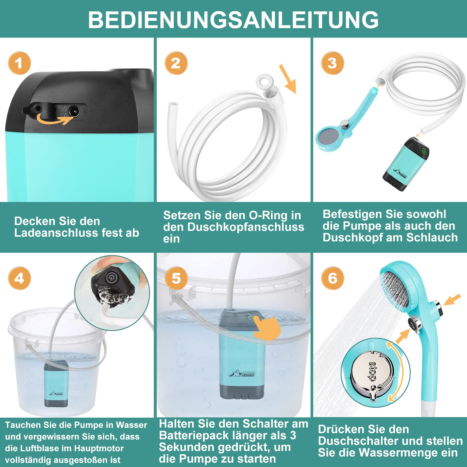 WADEO Tragbare Campingdusche Akku mit Pumpe, Camping Dusche Outdoor mit wiederaufladbarem 6000-mAh-Akku, Mobile Duschen Außenduschen mit Duschkopf und Schlauch, für Camping Reisen Garten Autowaschen