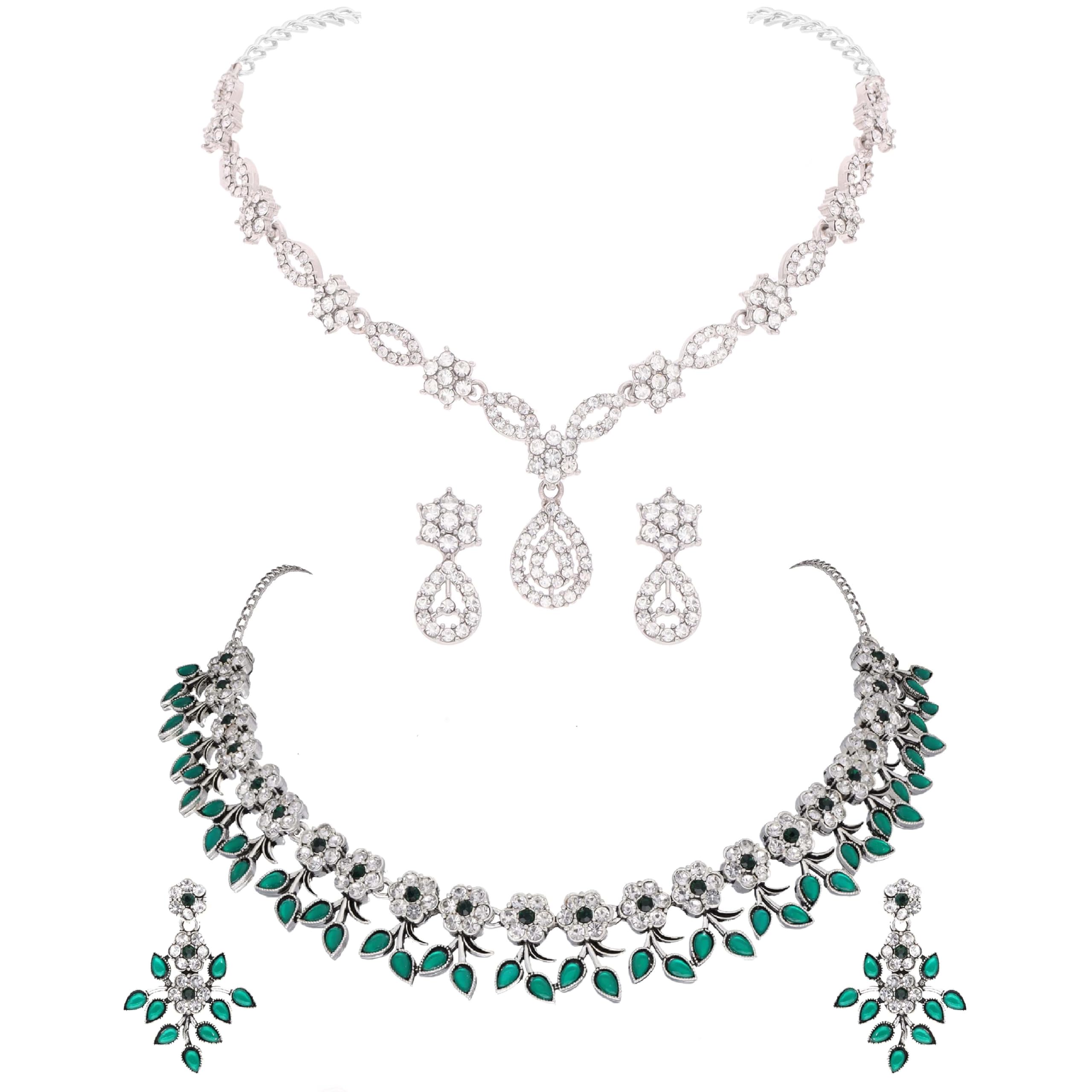 Brado Jewellery Unique Silver Plated AD Studded Choker Necklace Jewellery Set with Matching Earrings For Women and Girls (Green & White) (B0D8GRWF8T) Amazon Price History, Amazon Price Tracker