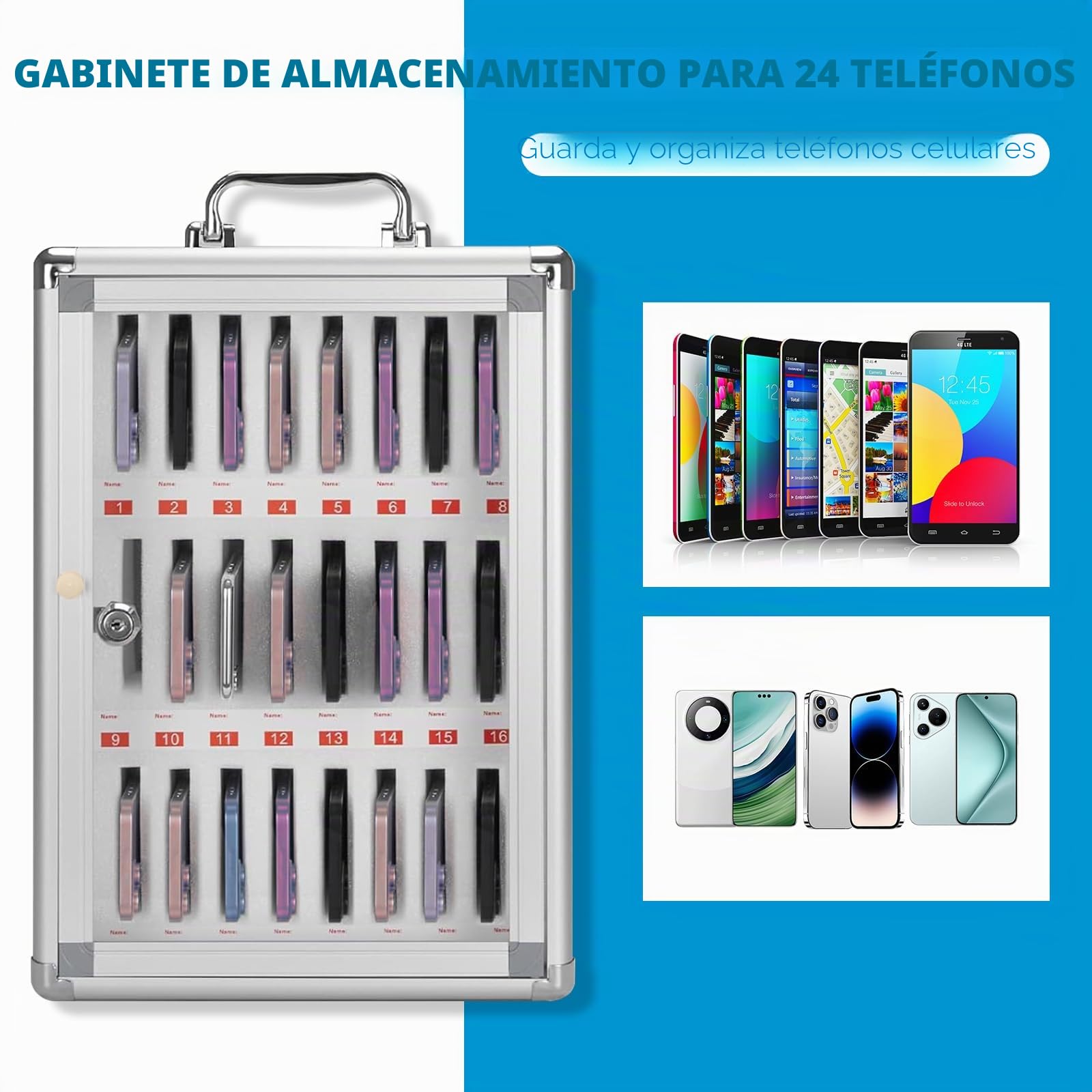Gabinete de almacenamiento para teléfono móvil con 24 ranuras, Casillero para Teléfono Móvil Montado En La Pared,caja de almacenamiento transparente aleación de aluminio,adecuado para oficina,escuela