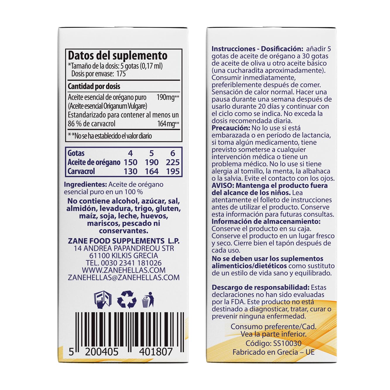 Zane Hellas 100% Aceite de orégano sin diluir - 86% Min Carvacrol. 164 mg de Carvacrol por porción. Probablemente el Mejor Aceite de orégano del Mundo. 30 ml.