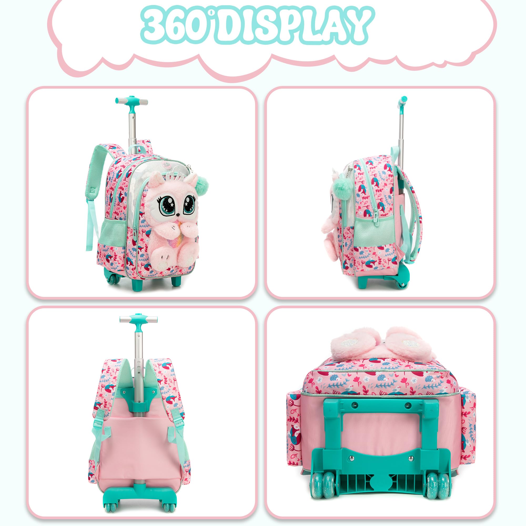 Meetbelify Niedlicher 3D-Plüsch-Rollrucksack für Mädchen, Rucksack mit Rädern für Grundschüler, Pink Fox