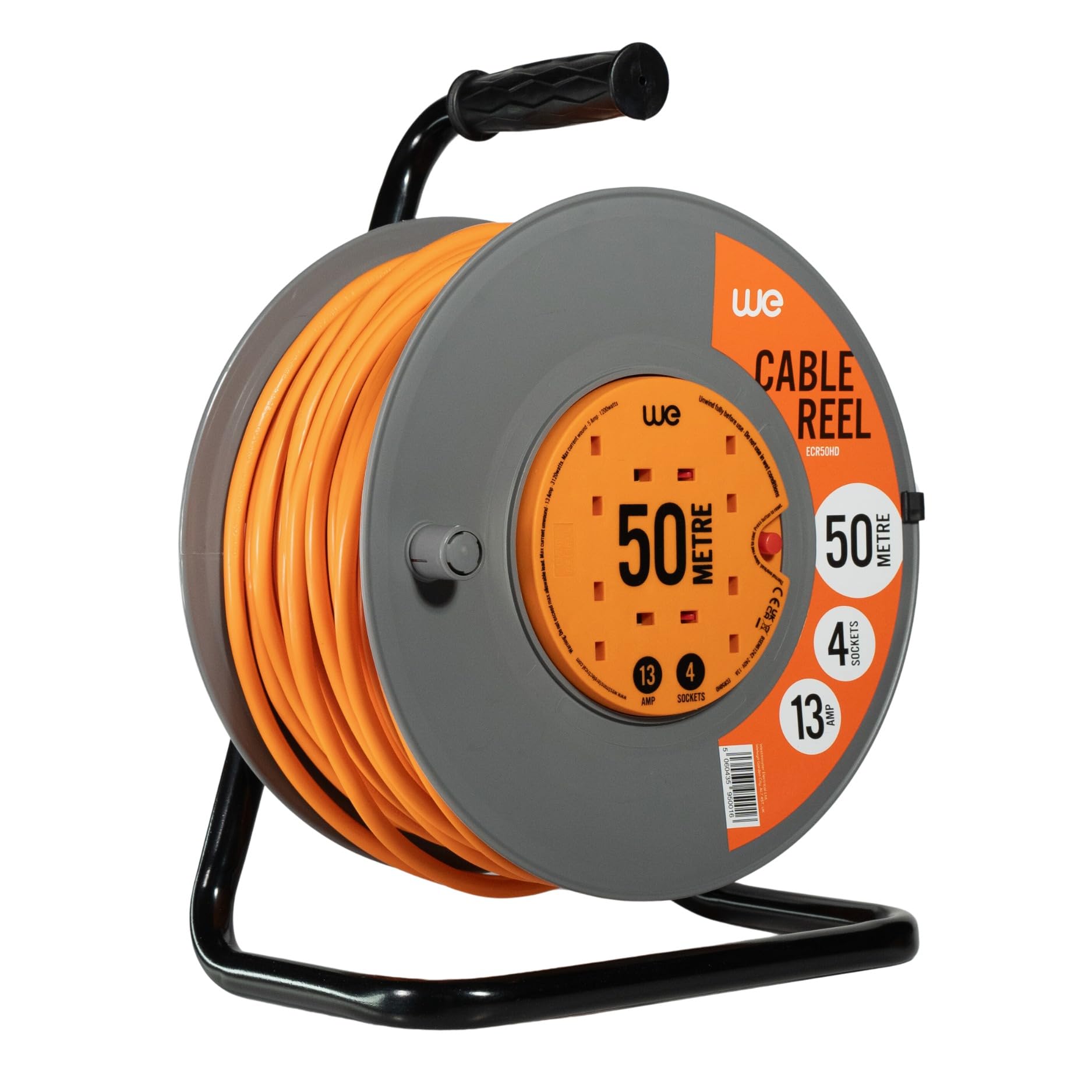 WE Retail Ultra-Tough 50m Professional Extension Reel with 4 Power Sockets - Perfect for Workshops, Construction Sites & Outdoor Use - ECR50HD