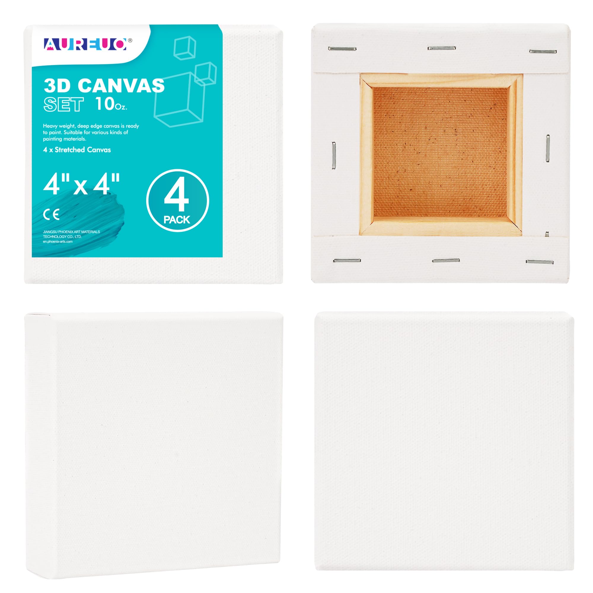 AUREUO 4x4 Inch Gallery Wrapped Canvas - 1.5 Inch Depth 4 Pack - 10 Oz Triple Gesso Primed 100% Cotton Square White Artist Canvases for Acrylic & Oil