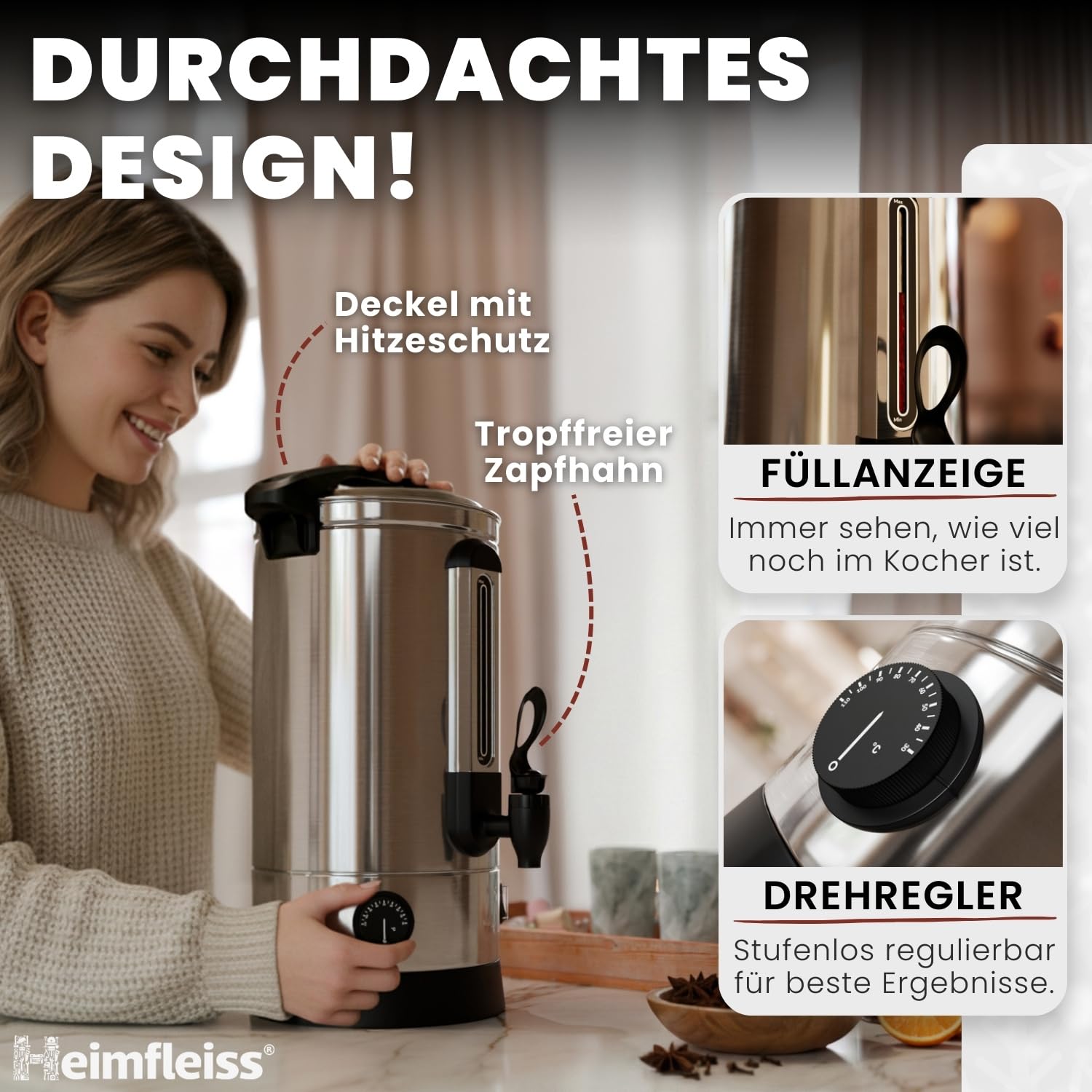 Heimfleiss® Glühweinkocher 10L aus Edelstahl 1500W | Heißwasserspender mit Zapfhahn, Thermostat & Überhitzungsschutz | Heißgetränkeautomat für Glühwein & Punsch | Einkochautomat Glühweintopf mit Hahn