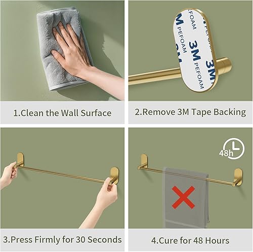 Vista 4 de Toallero autoadhesivo para baño, acero inoxidable de 24 pulgadas y aleación de zinc, sin taladro, toallero resistente para colgar en la toalla