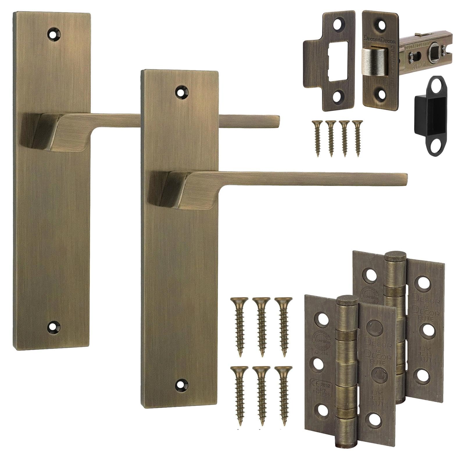Decoranddecor Spectra Antique Brass Internal Entry Handle Set – Keyhole Backplate Door Handles with 2.5in Tubular Mortise Latch & Fire Rated Hinges; Lever Door Handles with Backplate
