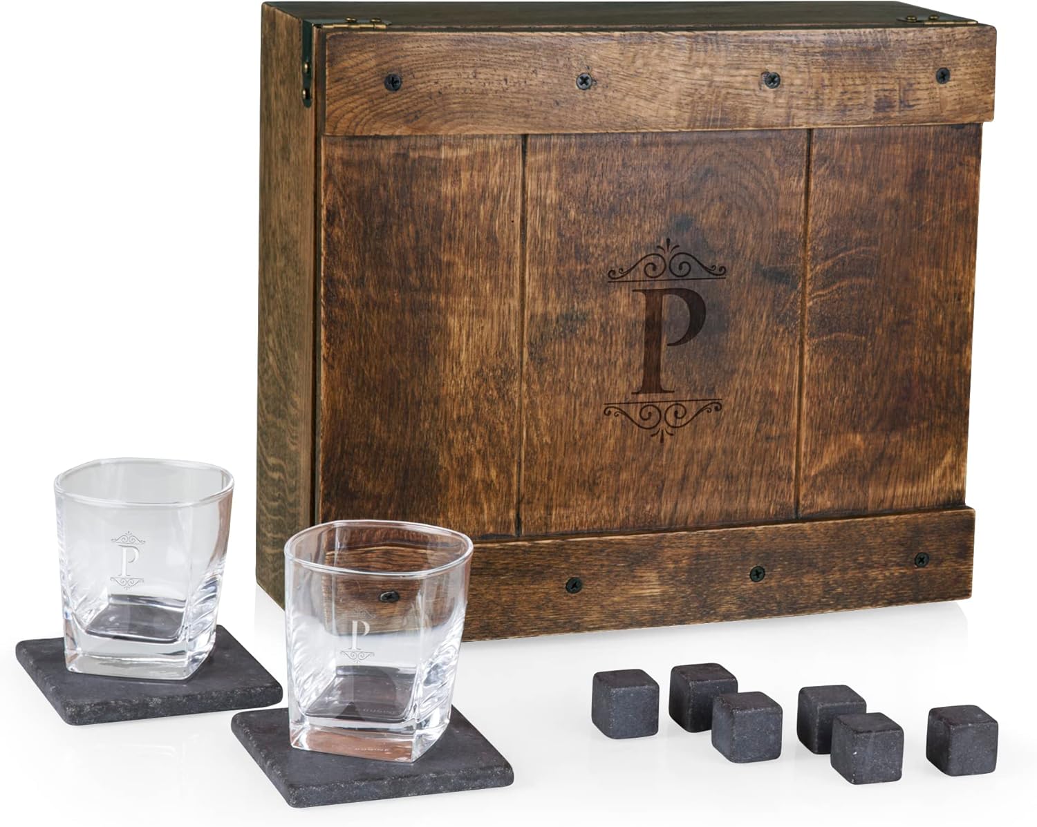 LEGACY - a Picnic Time brand Monogram Initials Whiskey Box Gift Set, Includes Whiskey Glasses, Chillding Stones, and Stone Coasters, (Oak Wood)