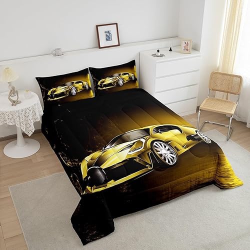 Miniatura 9 de Feelyou Edredón de auto de carreras para niños pequeños, juego de ropa de cama naranja de carreras para niños y niñas, juego de edredón de plumón de