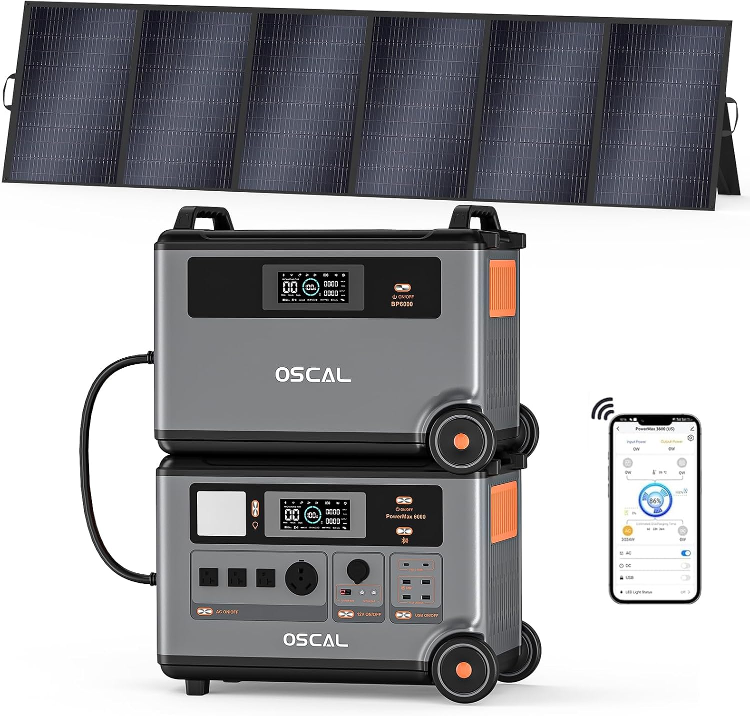 OSCAL 6000 Moveable Energy Station with 500W Photo voltaic Panels, 3600Wh LiFePO4 Battery with 3600Wh Enlargement Battery Pack, 6000W(9000W Peak) Photo voltaic Generator for Tenting, House, Emergency