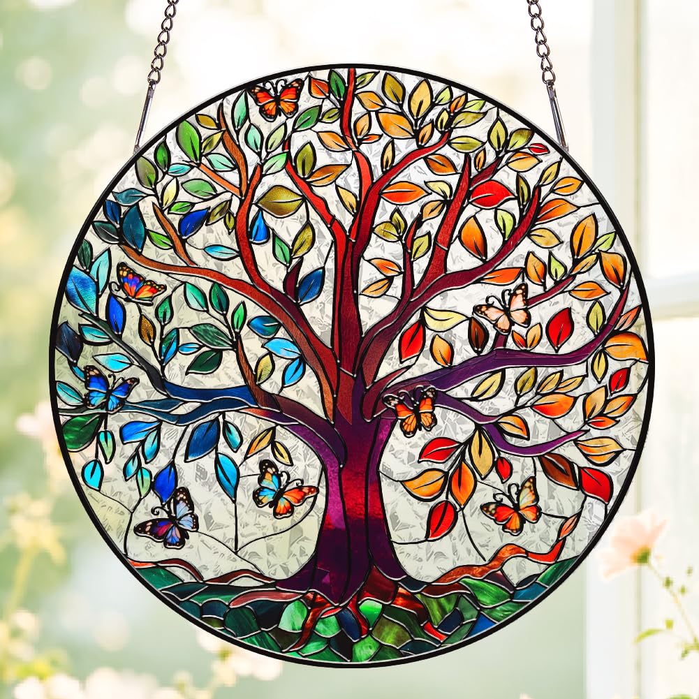 SUPERDANT 1Pc Tree of Life Stained Glass Acrylic Sun Catcher Round Window Decor Rainbow Light Prism Suncatcher Hanging Glass Art For Home Window Decoration Colorful 8Inch/20cm