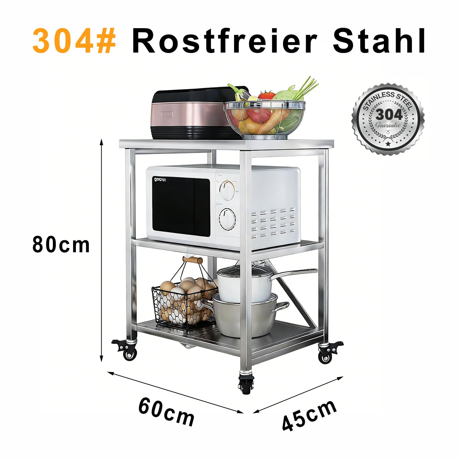 Carrello da Cucina, Mobiletto Carrelli da Portata 3 Ripiani Scaffale Microonde Metallo, 60x45x80cm Ripiegabile Scaffalatura Portaoggetti Servizio su Ruote per Ristorante Ufficio, Argento