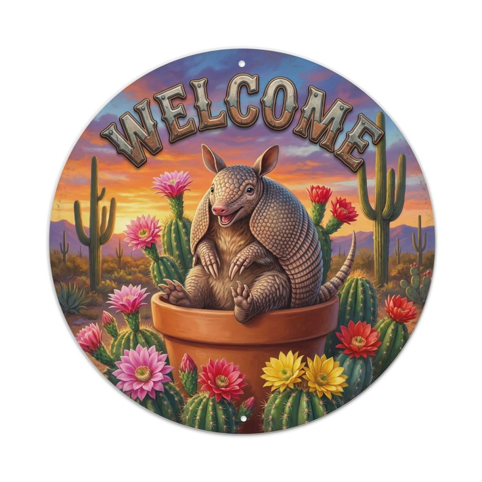 Metal Tin Sign Welcome Armadillo Cactus Flower