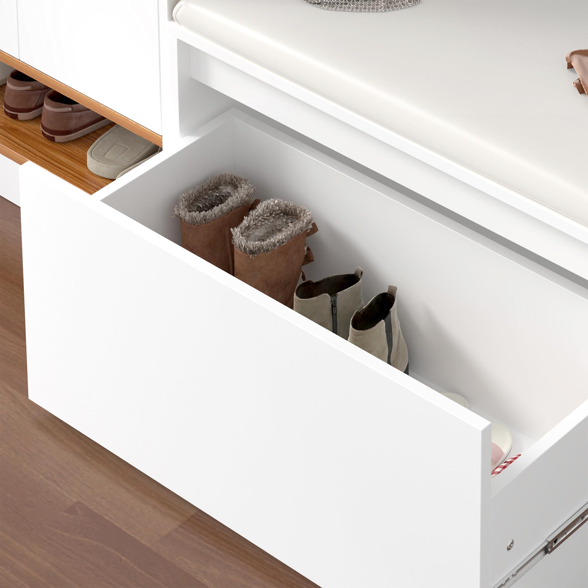 [en.casa] Panchina Portascarpe con Cassetto Scarpiera con Seduta Imbottita Similpelle e Contenitore Estraibile per Ingresso Camera 80 x 39 x 45 cm Bianco