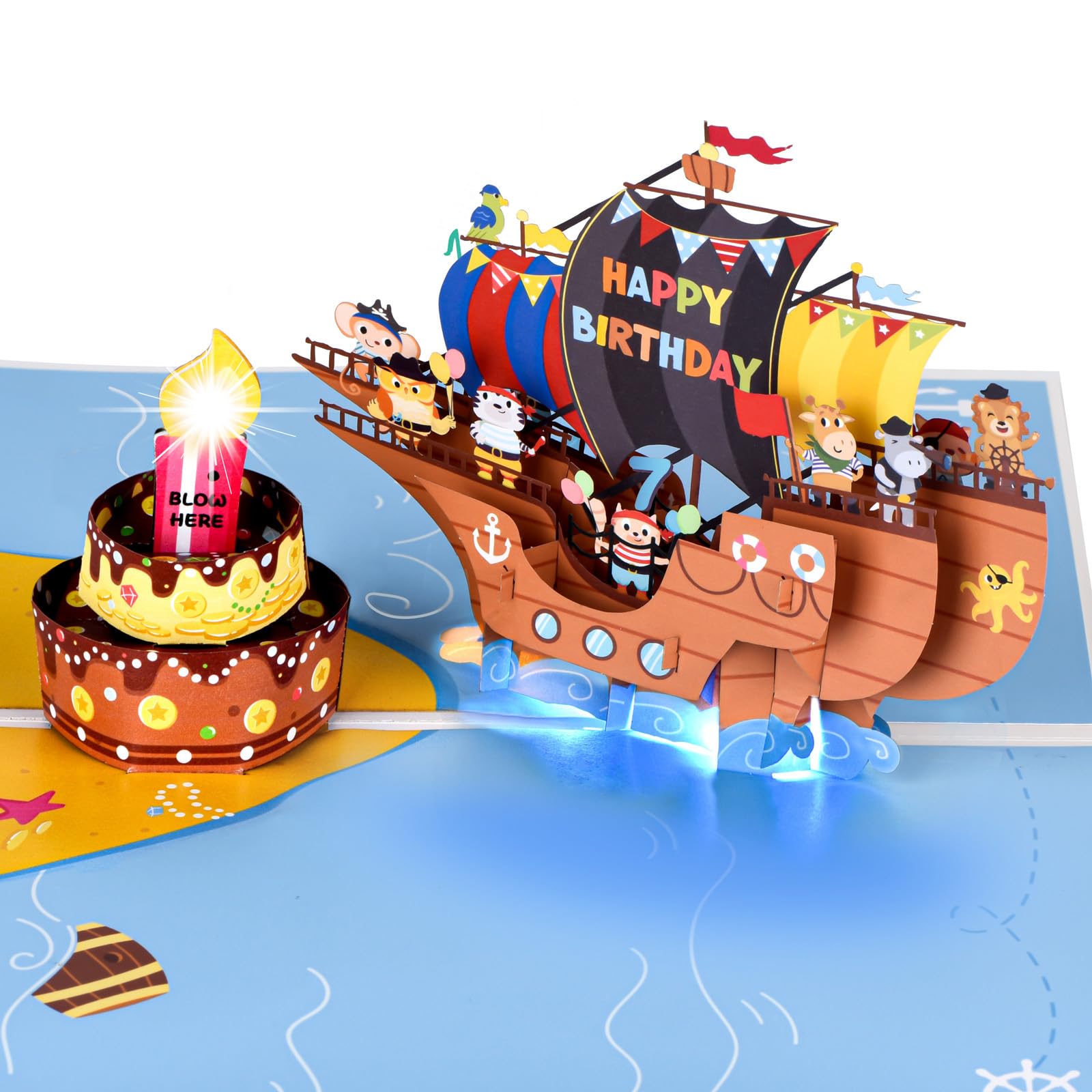 Musical Birthday Card for 7 Years Old Kids, 3D Boat & Cake Pop-up 7th Birthday Card with Music & Light & Blowable Candle for 7 Year-old Boys Girls Grandson Son Nephew Kids Children