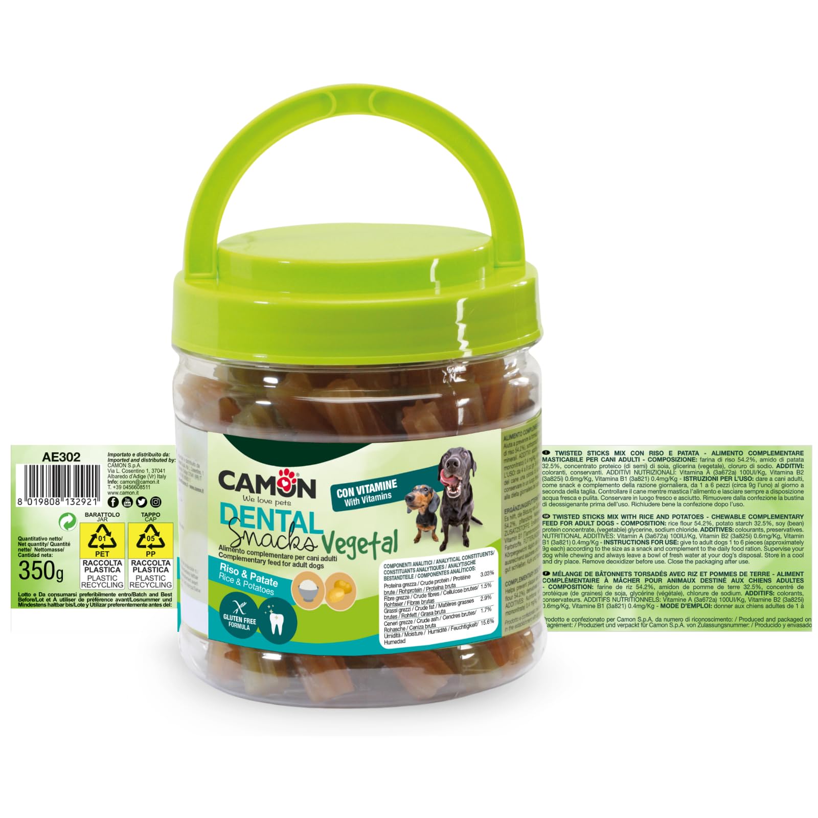 CAMON Dental Snacks Vegetal - Twisted Sticks Mix con Riso, Patate e Vitamine Aggiunte - Snack Vegetale per Cani Adulti - Bastoncini 10cm - Gluten Free Formula - 350g