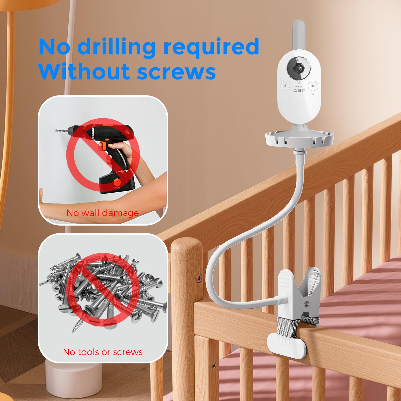 Monitor Clip Holder for Philips Avent Baby Monitor SCD833/26,SCD843/26,SCD845/26,SCD630/26,625,620,Flexible Clip Holder for Philips Avent Video BabyMonitor,Video Babyphone Camera Mount Bracket - Image 3