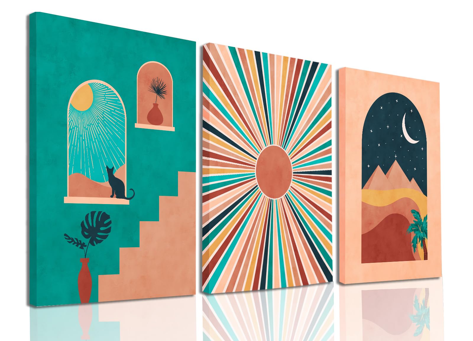 RETRART Green Boho Artwork Boho Wall Art Set of 3, Egypt Pyramids, Sun, Desert Minimalist Boho Wall Decor Wall Decor Framed Archway Poster for Living Room, Bedroom, Bathroom, Office - (12x16inch)