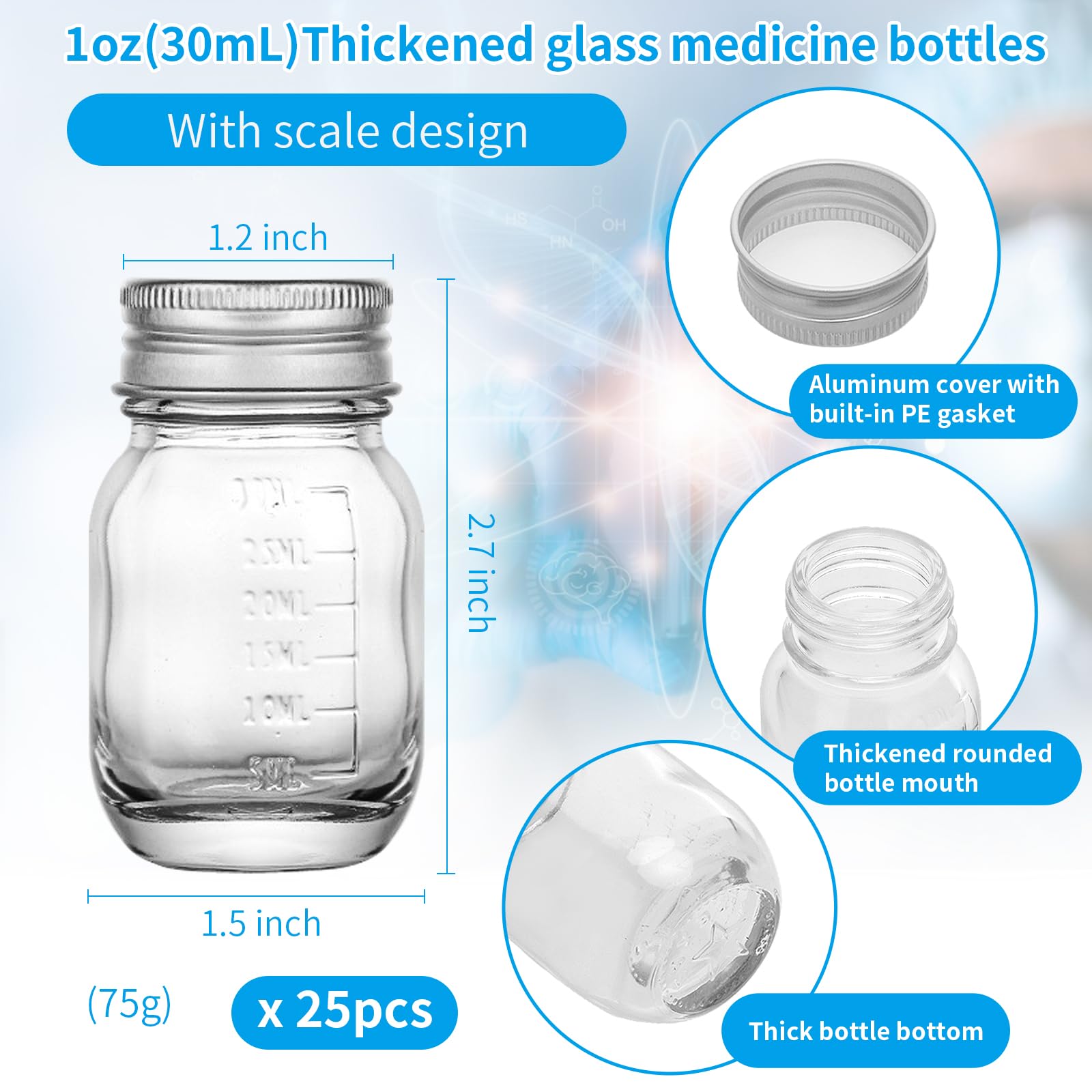 Bottiglie di vetro per medicinali da 30 ml, bottiglie di vetro trasparente per reagenti, bocca larga, tappo a vite con scala per la casa, coperchio color argento (25)