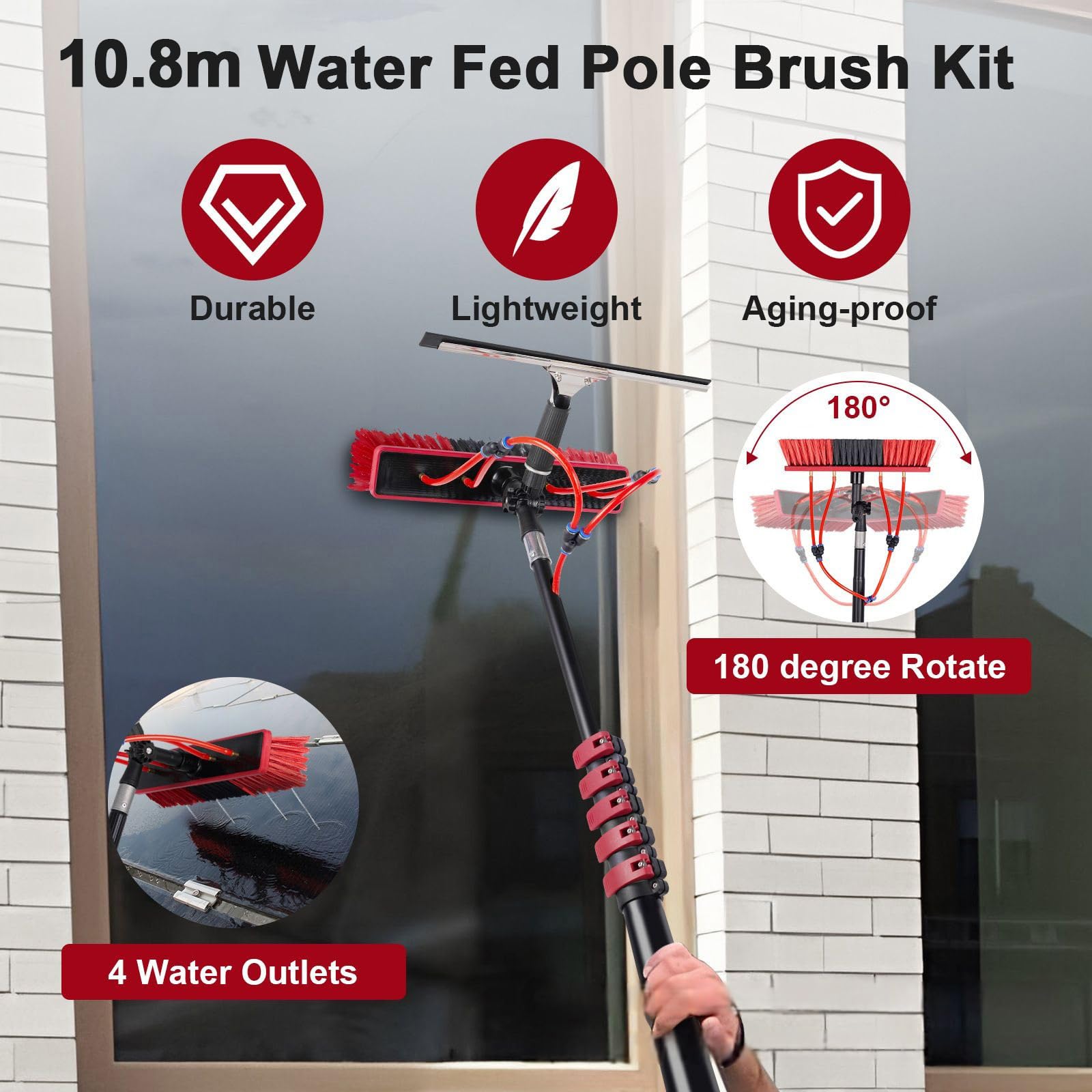 Genérico Cepillo telescópico para Ventanas de 10,8 m con Conector de Agua, escobilla de Goma y dispensador de jabón, para Paneles solares, techos y terrazas, 35 cm.