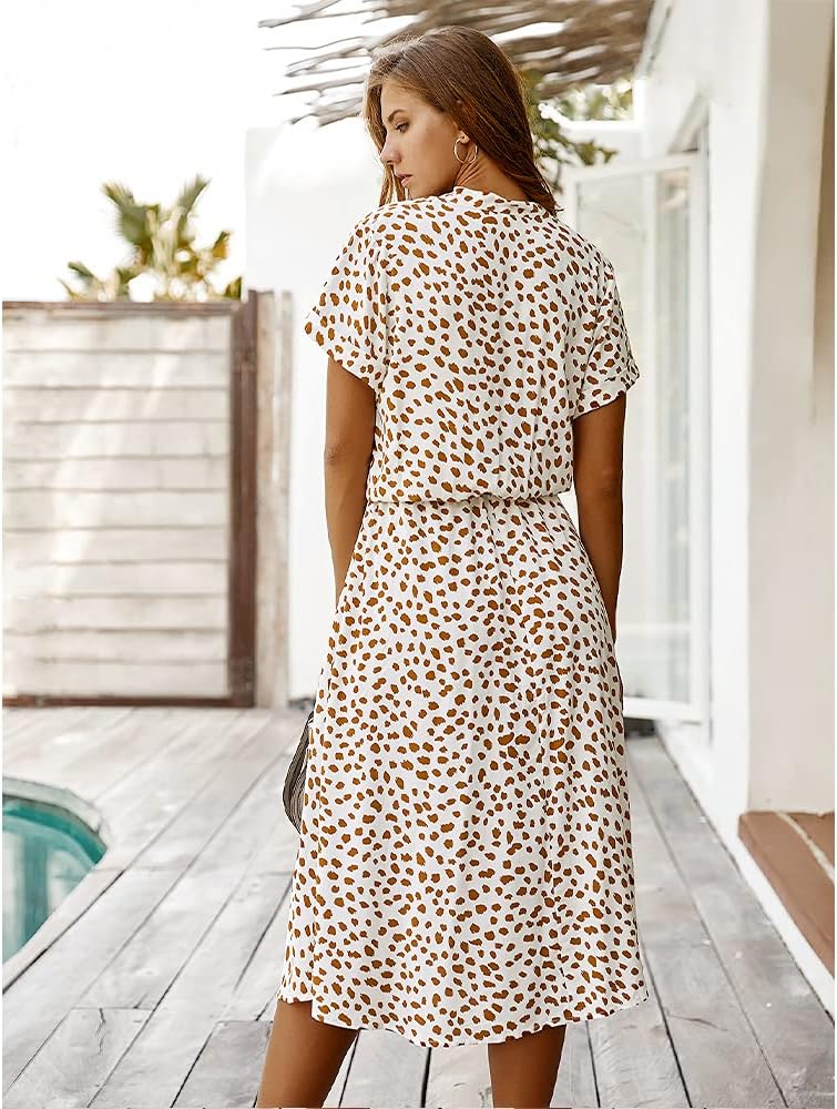 BROVAVE Women's Summer Polka Dot Print Shirt Dress Vintage Short Sleeve Button Down Midi Dress - Image 3