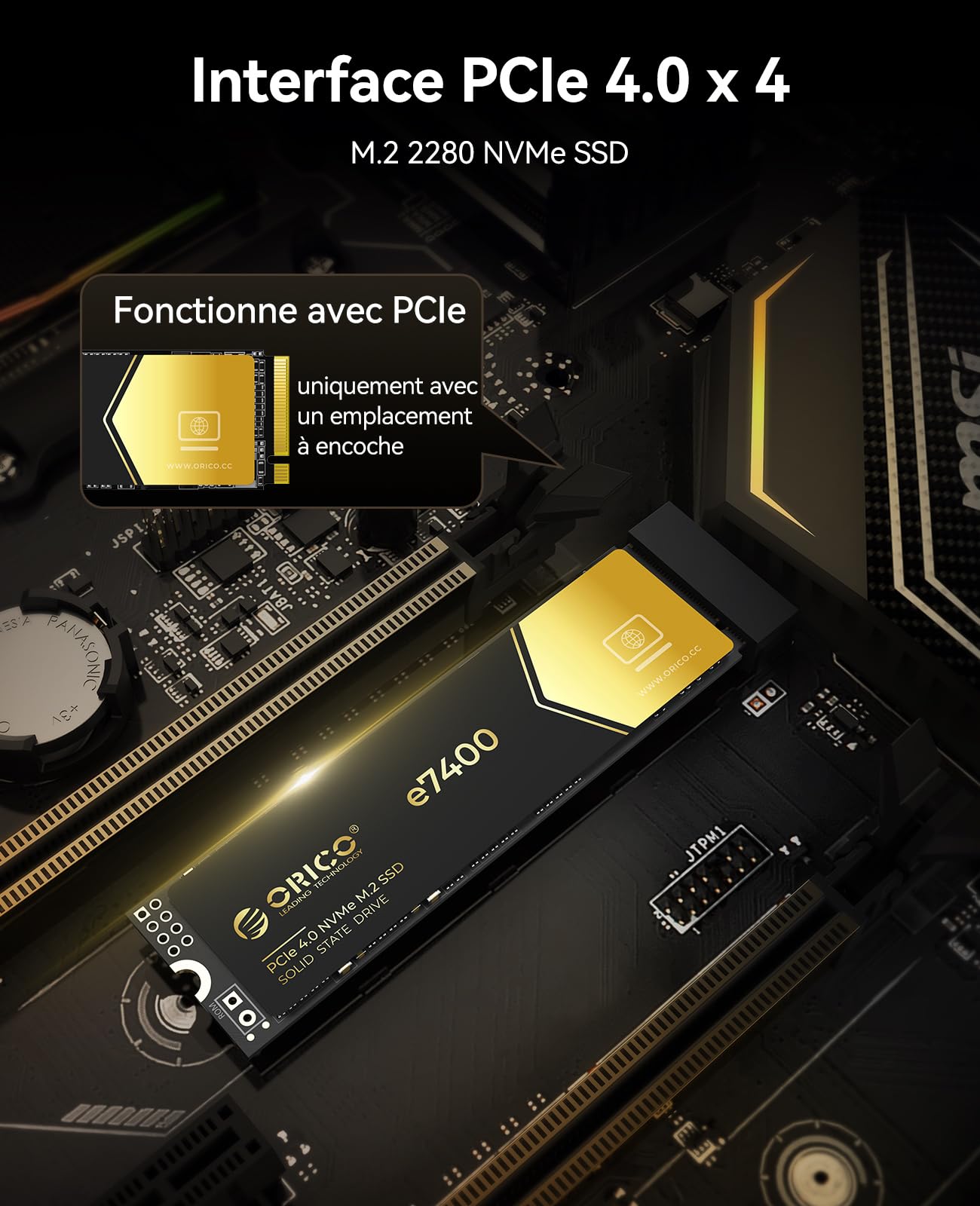 ORICO SSD 2To NVMe M.2, PCIe 4.0X4 - Jusqu'à 7400MB/s M2 SSD, 3D NAND Flash M.2 2280 Disque Dur Interne, Compatible avec macOS Windows pour Joueurs et créateurs-e7400