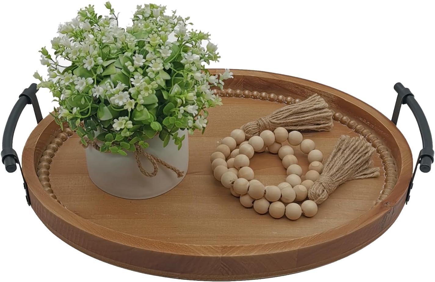 Oval Rustic Wooden Decorative Tray, Serving Tray with Metal Handles, Ottoman Coffee Table Tray, Farmhouse Centerpiece for Kitchen or Living Room (Brown)