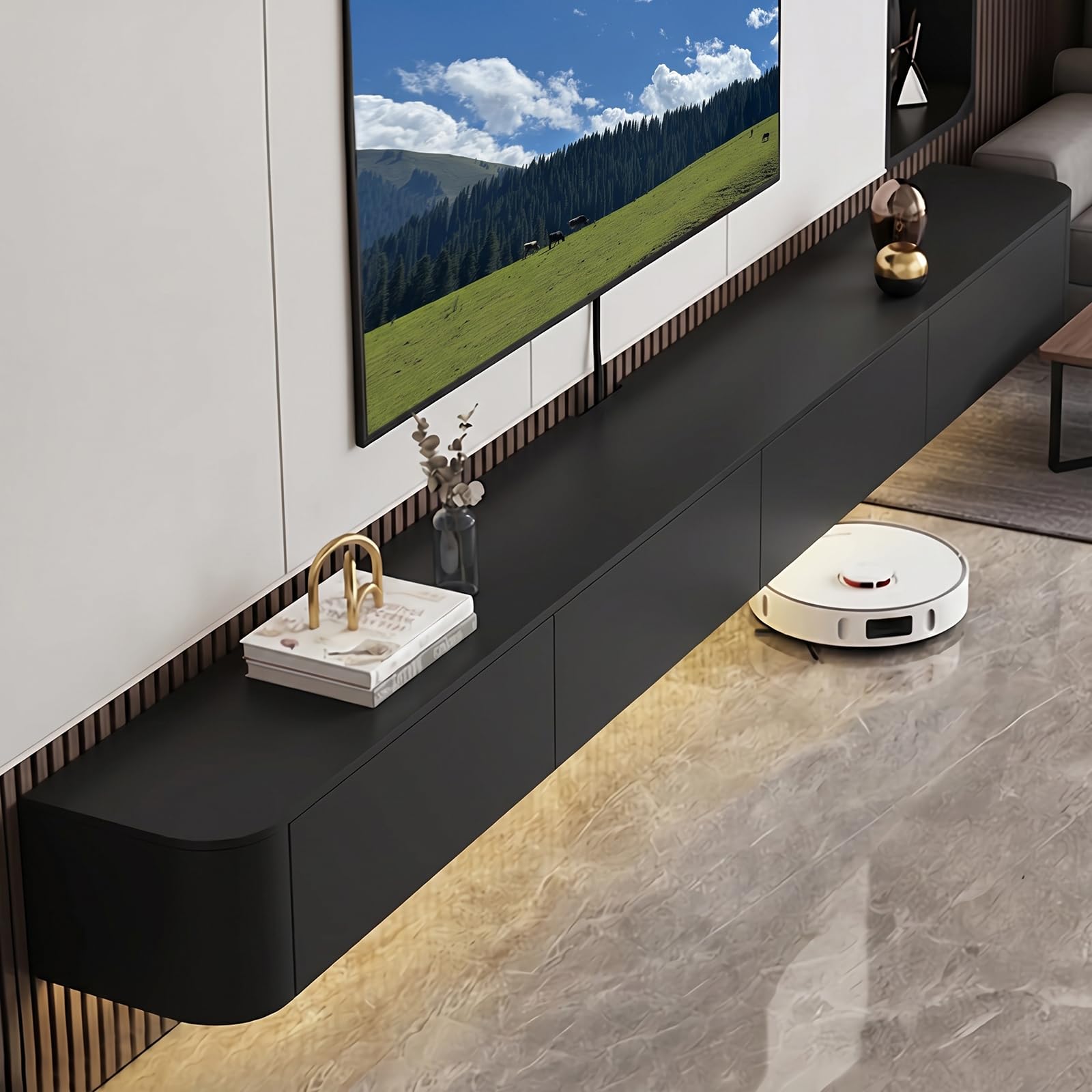 Meuble TV Suspendu TV Mural Étagère TV Flottante, Support de Télévision Flottant Fixé au Mur Centre de Console Multimédia de Divertissement Grande Armoire de Rangement (Noir,180cm/70in)