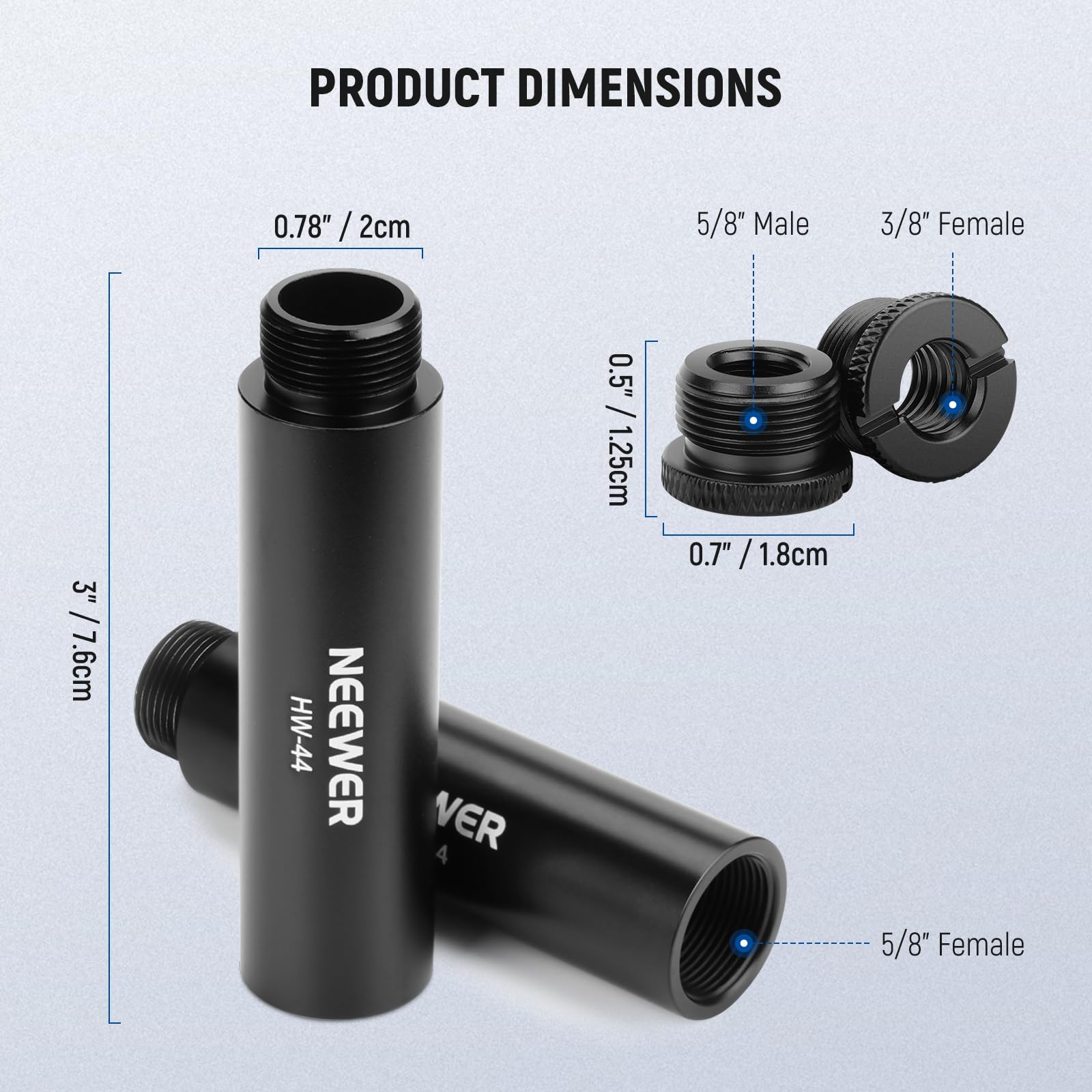 NEEWER Kit Accessori per Estensione di Supporto Mic (6 Pezzi), Tubi di Prolunga per Asta Microfono in Lega Alluminio e Adattatori da 5/8" Maschio a 3/8" Femmina per Braccio da Tavolo Boom Arm, HW-44