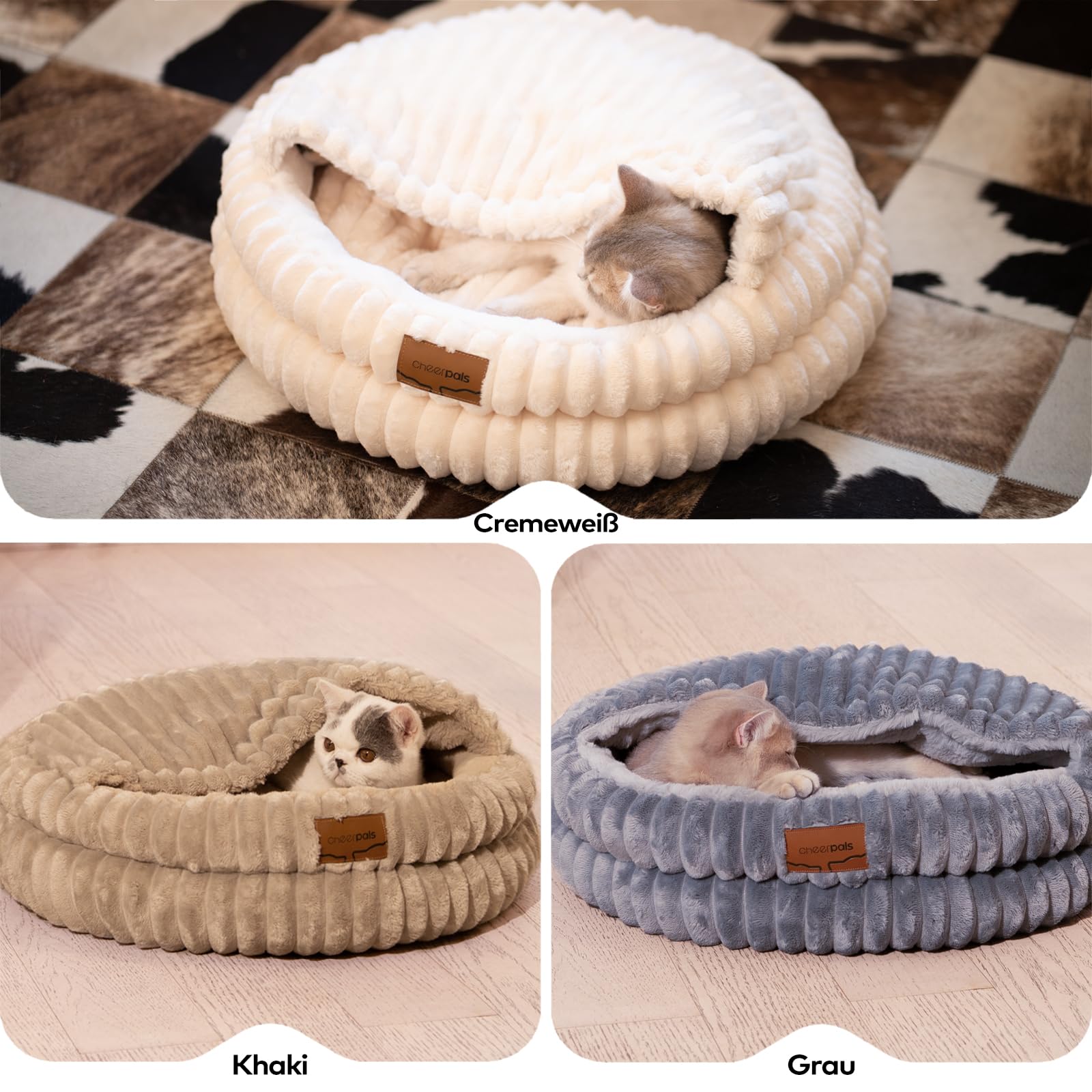 CheerPals Panier Chat avec Couvercle, Lit pour Chat Forme Grotte Épais (1,41 KG), Coussin Douillet avec Toit, Niche Intérieure pour Cachette et Sommeil, 50x50x15 cm