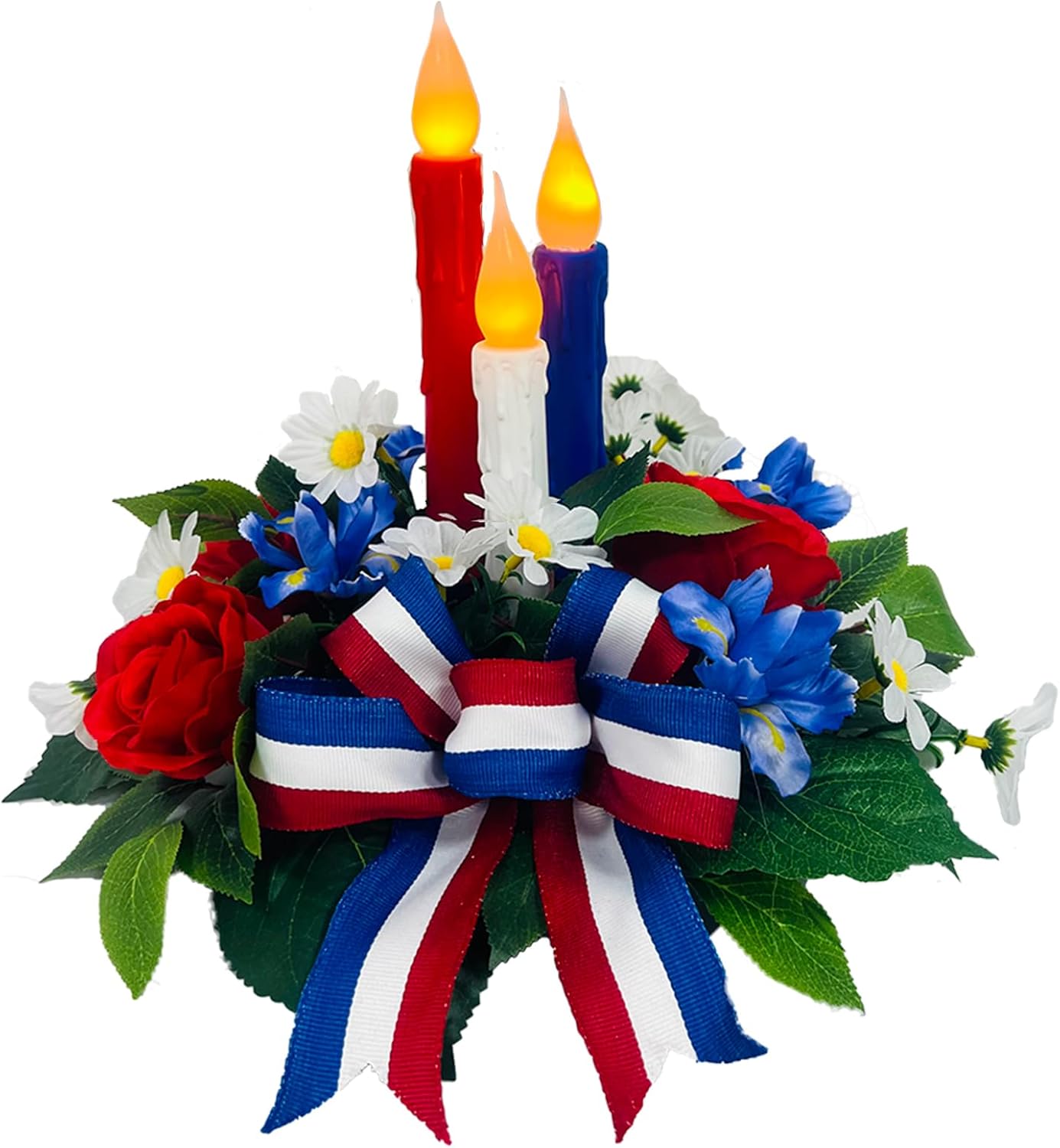 4th of July Decorations,Patriotic Floral Arrangement Centerpiece for Table, Red White and Blue Fake Flowers Fourth of July Taper Flameless Candles for Independence Day Home Decor,Memorial Day Décor