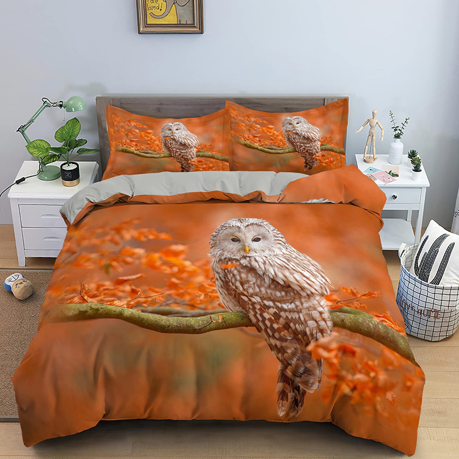 Housse de couette 140x200 oiseau orange en microfibre douce 110g/㎡ avec 2 taies d'oreiller