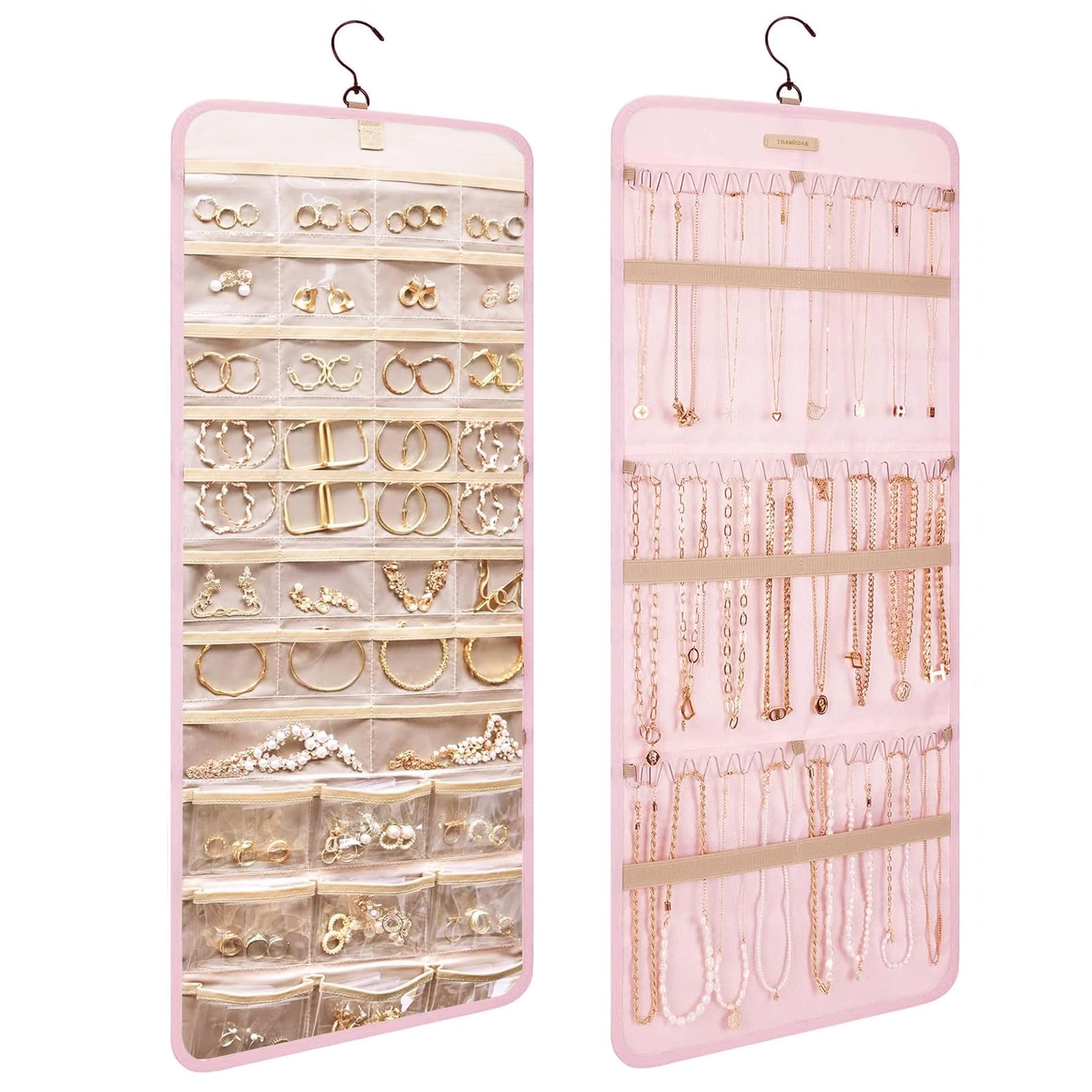 Hanging Jewelry Organizer per Armadio, Organizer per Gioielli Appeso, Organizzatore di Gioielli da Appendere, Storage Doppia Faccia per Gioielli, con 39 Scomparti e 3 Ganci a Forma di Onda, Rosa