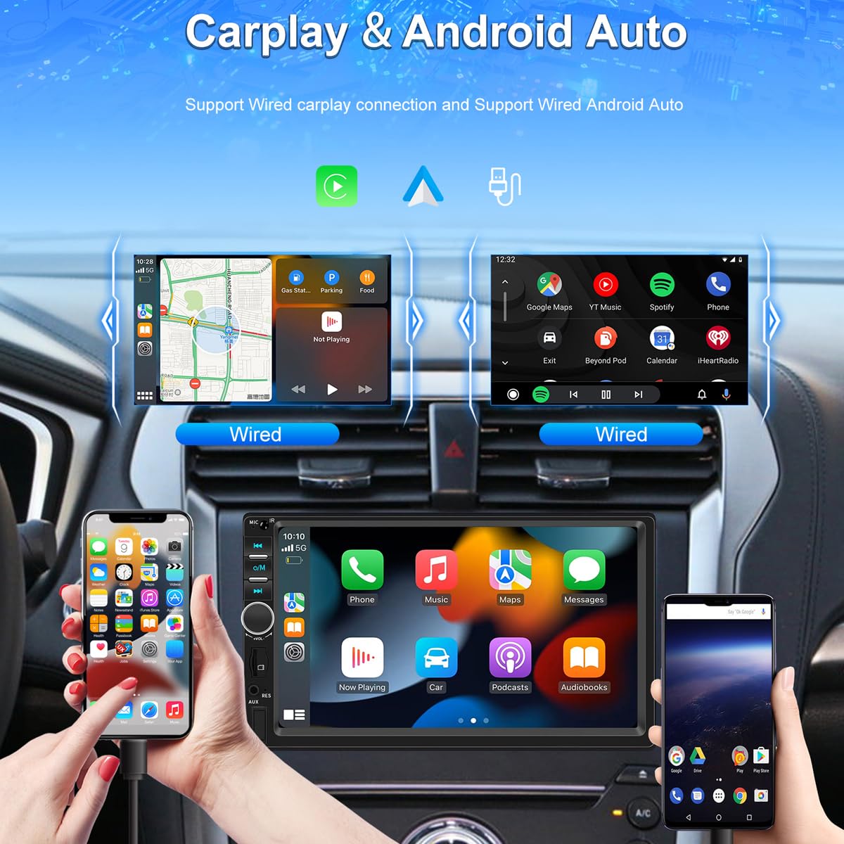 7 "2 Din Carplay Android Auto Radio samochodowe Bluetooth Mirror Link Ekran dotykowy Audio Stereo MP5 Odtwarzacz multimedialny Kierownica FM/TF/USB z pilotem