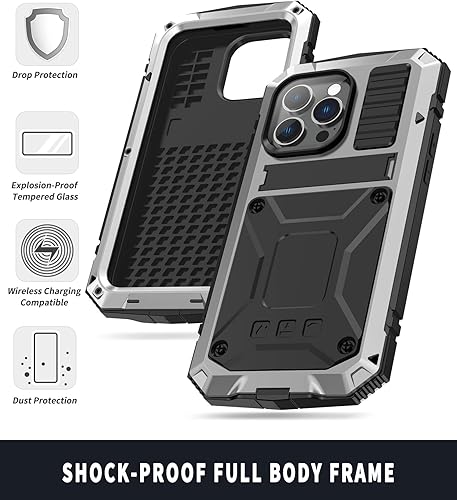 Miniatura 4 de JGY - Funda de metal para iPhone 14 Pro Max con protector de pantalla y función atril, funda para cámara, resistente armadura militar, duradera,