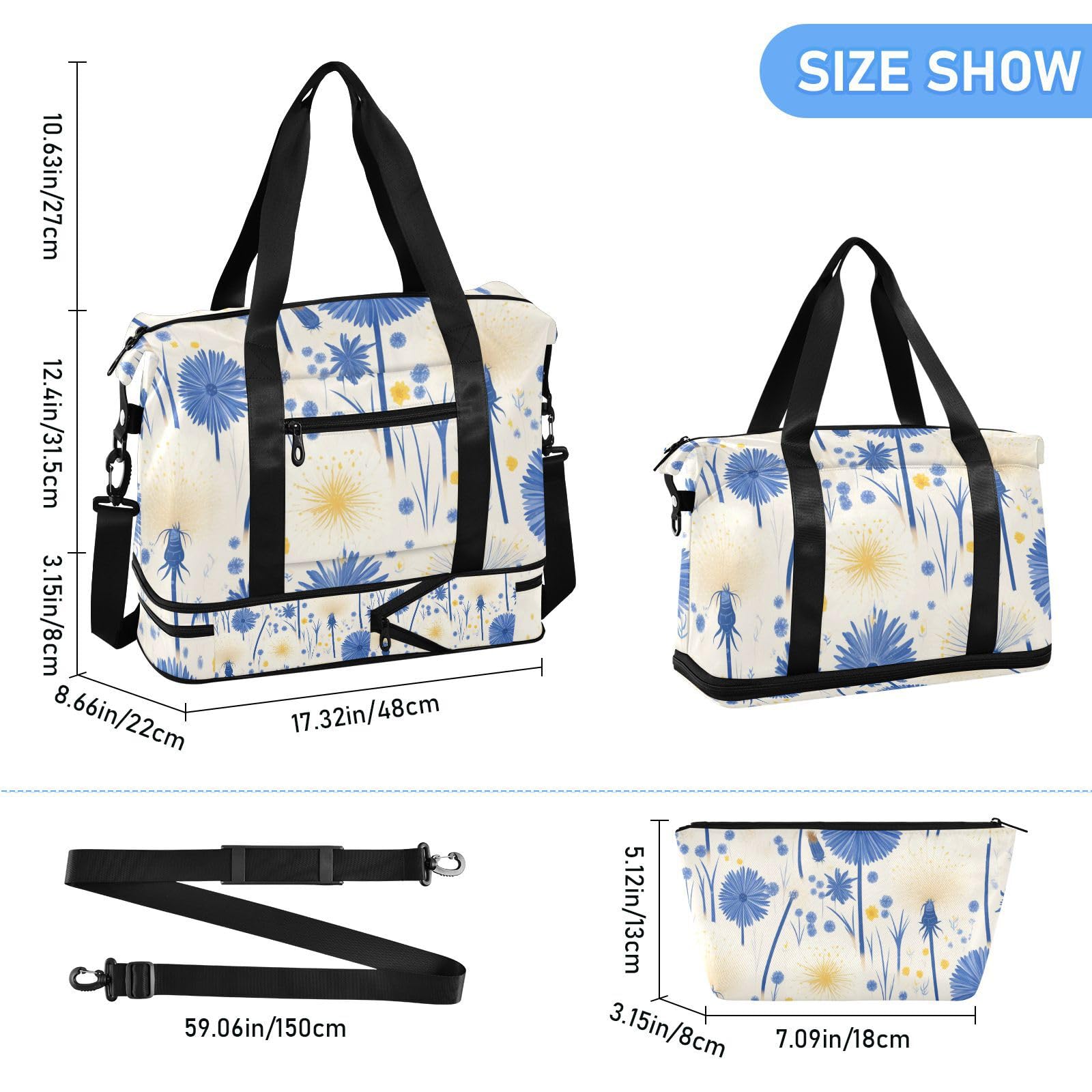 Borsa da palestra blu bianca con fiore di tarassaco chic con tasca bagnata tracolla regolabile borsa da palestra per escursionismo grande capacità per uomini donne