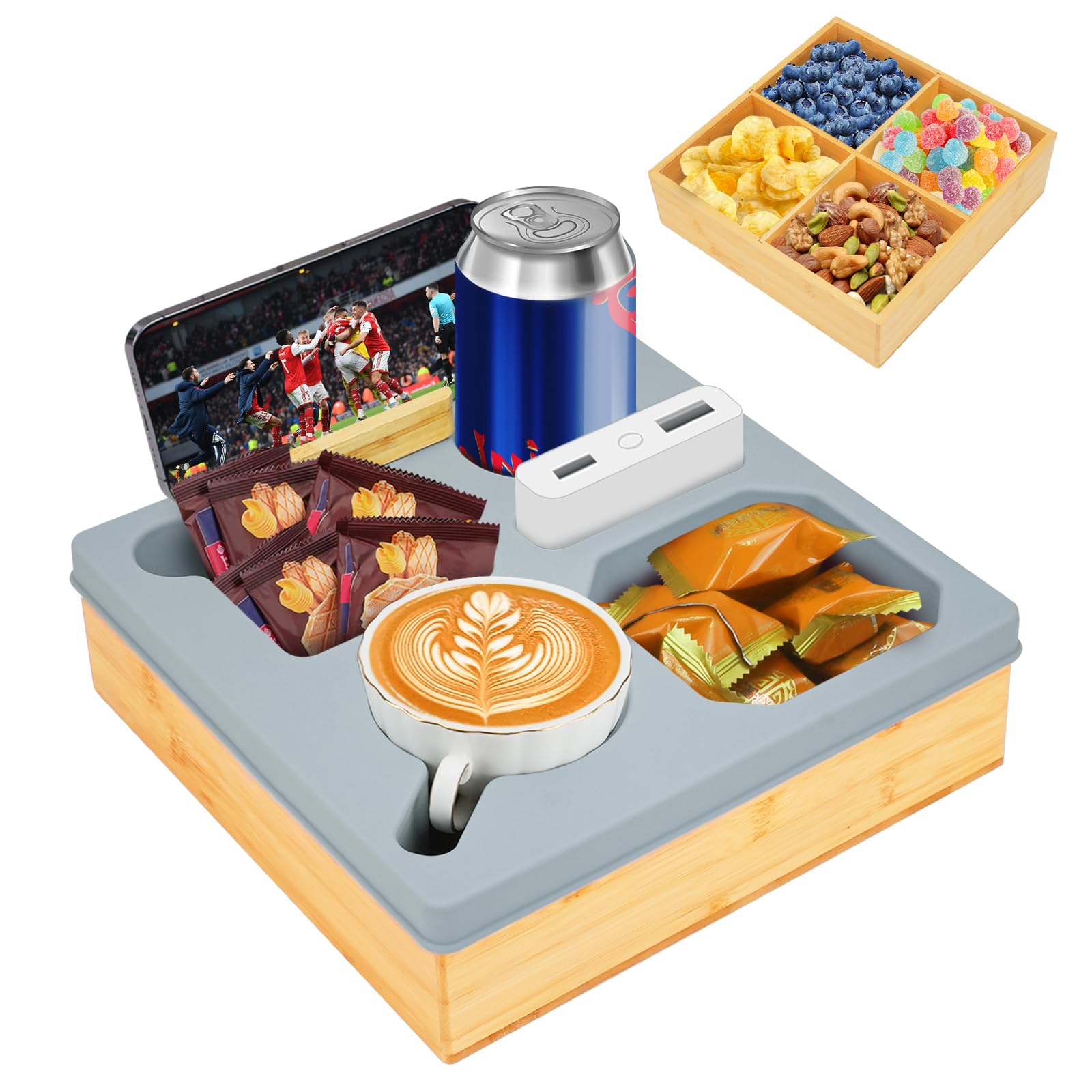 Bambus Couchbar Snackbox Mit Fächern, Snackteller Silikon Couch Organizer, Sofa Tablett Betttablett Handyhalter Geschenke für Männer Frauen Wohnzimmer Schlafzimmer Garten Camping