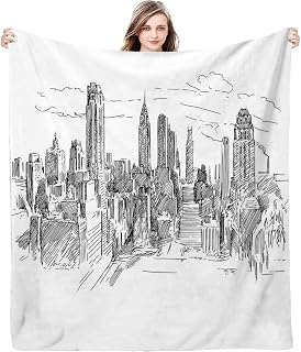 Plush Fleece Blanket, Hand Drawn NYC Cityscape Tourism Travel, Fluffy and ComfortableNew York Throw Blankets, 30 x 40inches, Suitable for Bed and Sofa, Grey White