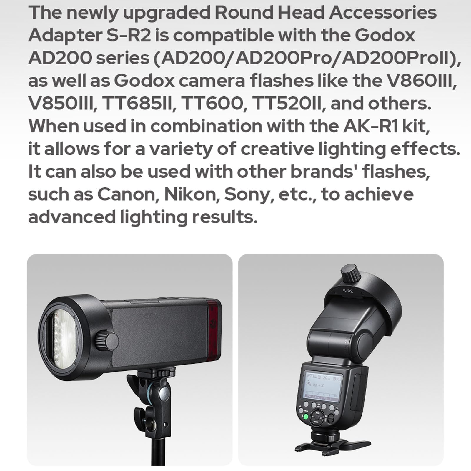 Godox S-R2 ulepszony adapter na uchwyt na lampę błyskową z okrągłą głowicą do mocowania na kamerze, do Godox AD200 AD200Pro AD200Pro II V860III V850III TT685II TT600 TT520II