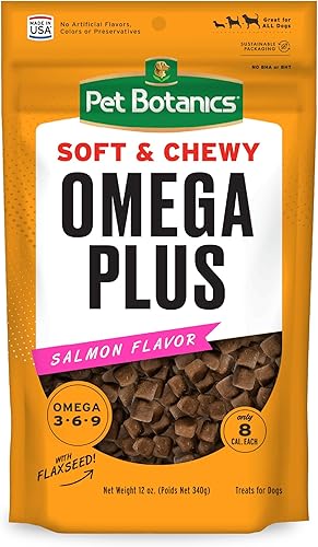 Pet Botanics Bolsa de 12 onzas Omega Plus, suave y masticable, sabor a salmón, con 500 golosinas por bolsa, la elección de los mejores entrenadores