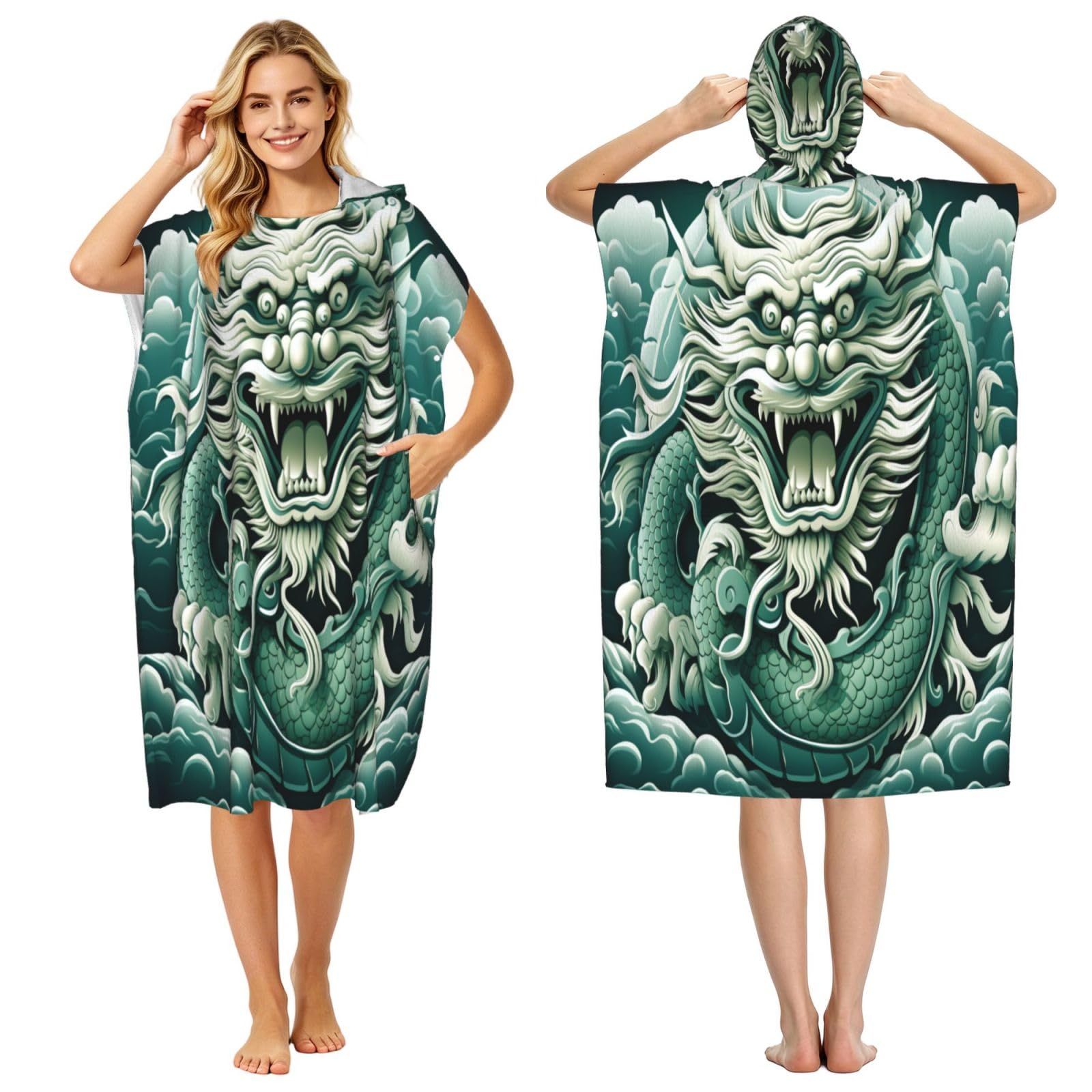 DTHKJNLSF Giant Dragon Soars Adult Hooded Beach Poncho Towel