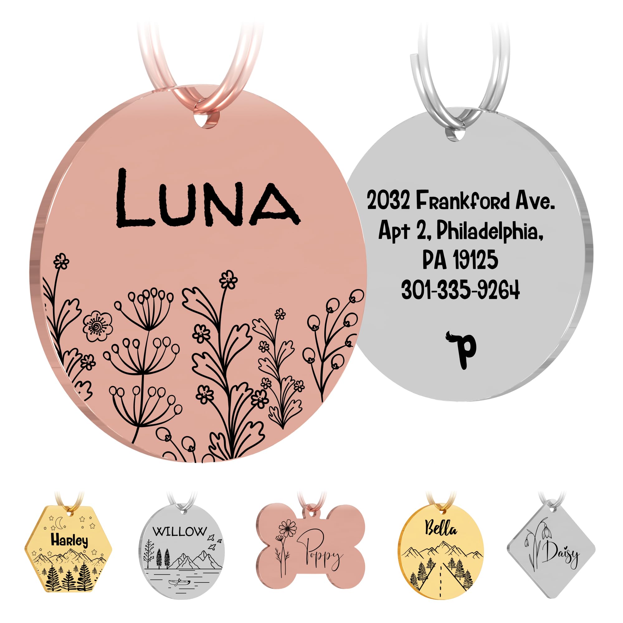 PawFurEver Personalized Dog Tags Engraved for Pets - Dark Etching Dog Name Tag with Front and Back Engraving - Made in USA - Stainless Steel Dog Tag Personalized for Pets (Circle, Rose Gold)