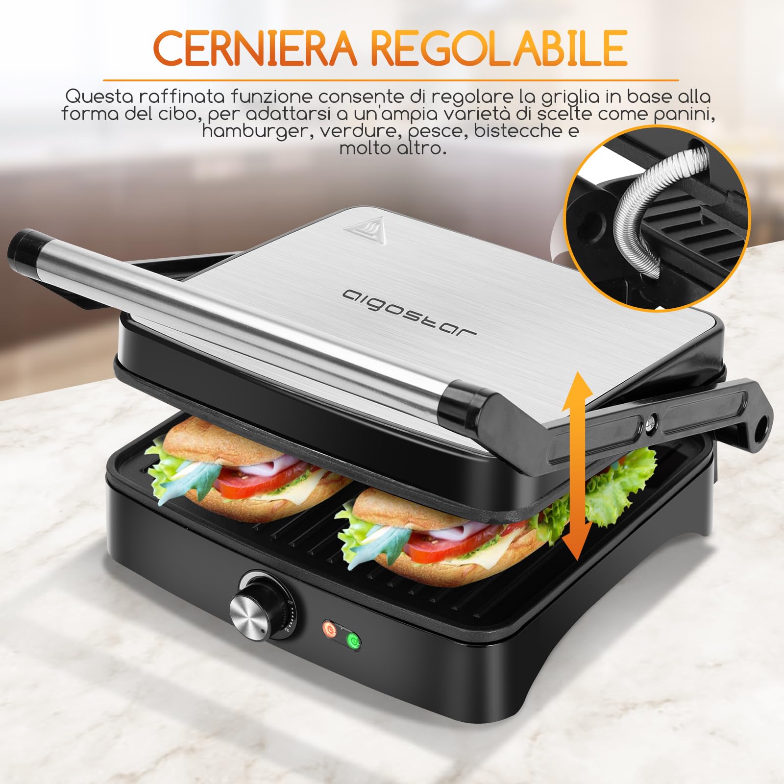 Aigostar Tostapane Piastra 3 in 1, Tostiera Elettrica con Piastre Panini Antiaderenti, 1800 W, Bistecchiera Elettrica con Regolatore di Temperatura, Apertura a 180°, Vassoio Raccogligocce, Calore