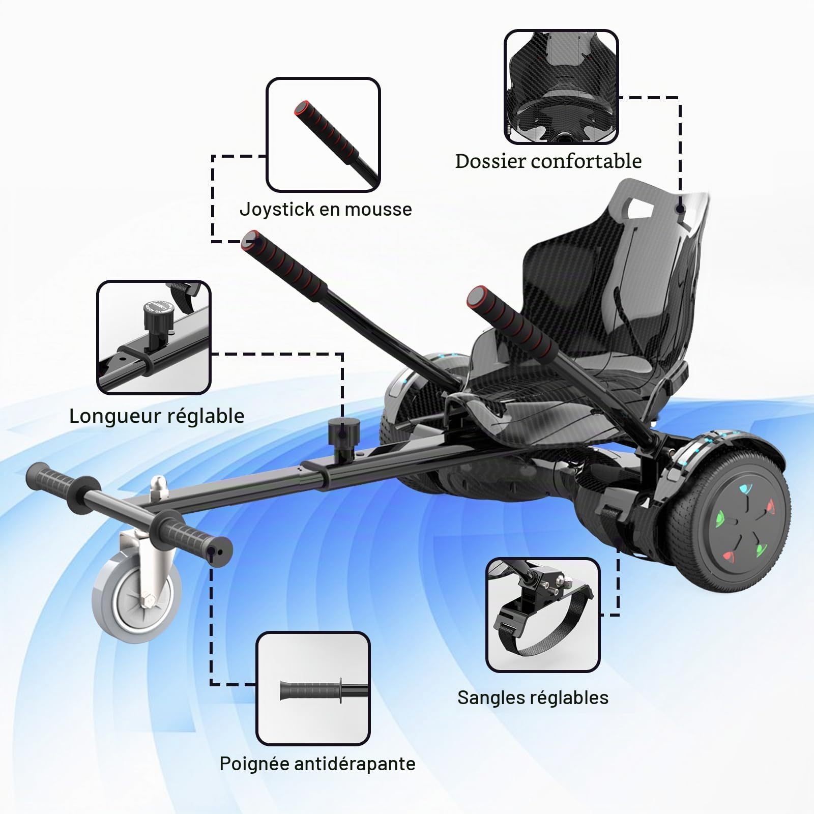 6,5" Hoverboards avec Hoverkart, Skateboard avec Siège pour Enfants Adultes, Hoverboards avec Siège, Batterie 4Ah, Hoverboards avec Musique Bluetooth et Lumières LED,Max 15 km/h