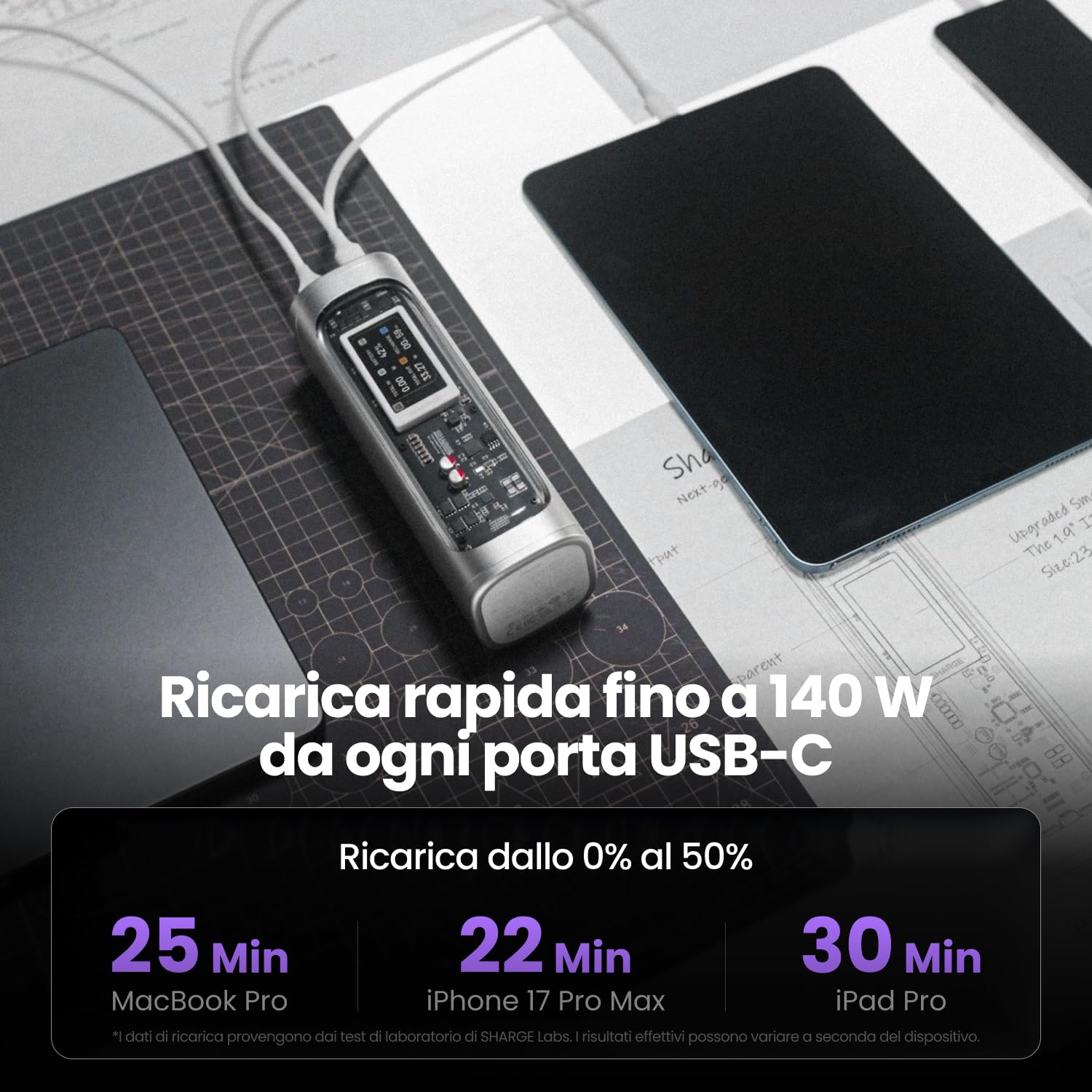 Shargeek 300 Power Bank 24000mAh, caricatore portatile per laptop da 140W PD3.1 con 2 USB-C, 1 USB-A e uscita DC, RGB batteria trasparente per MacBook Pro, iPhone, Starlink