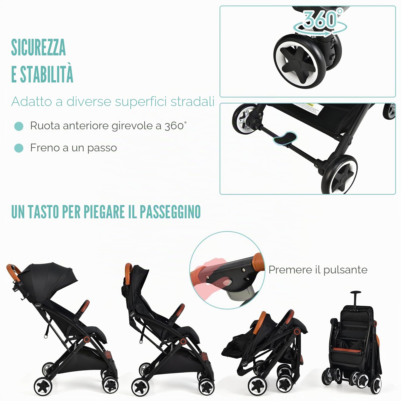 LIFEZEAL Passeggino pieghevole con schienale regolabile, passeggino compatto e comodo con zanzariera, imbracatura a 5 punti, 4 ruote, cestino portaoggetti, carico di 15 kg, 0-36 mesi (nero)