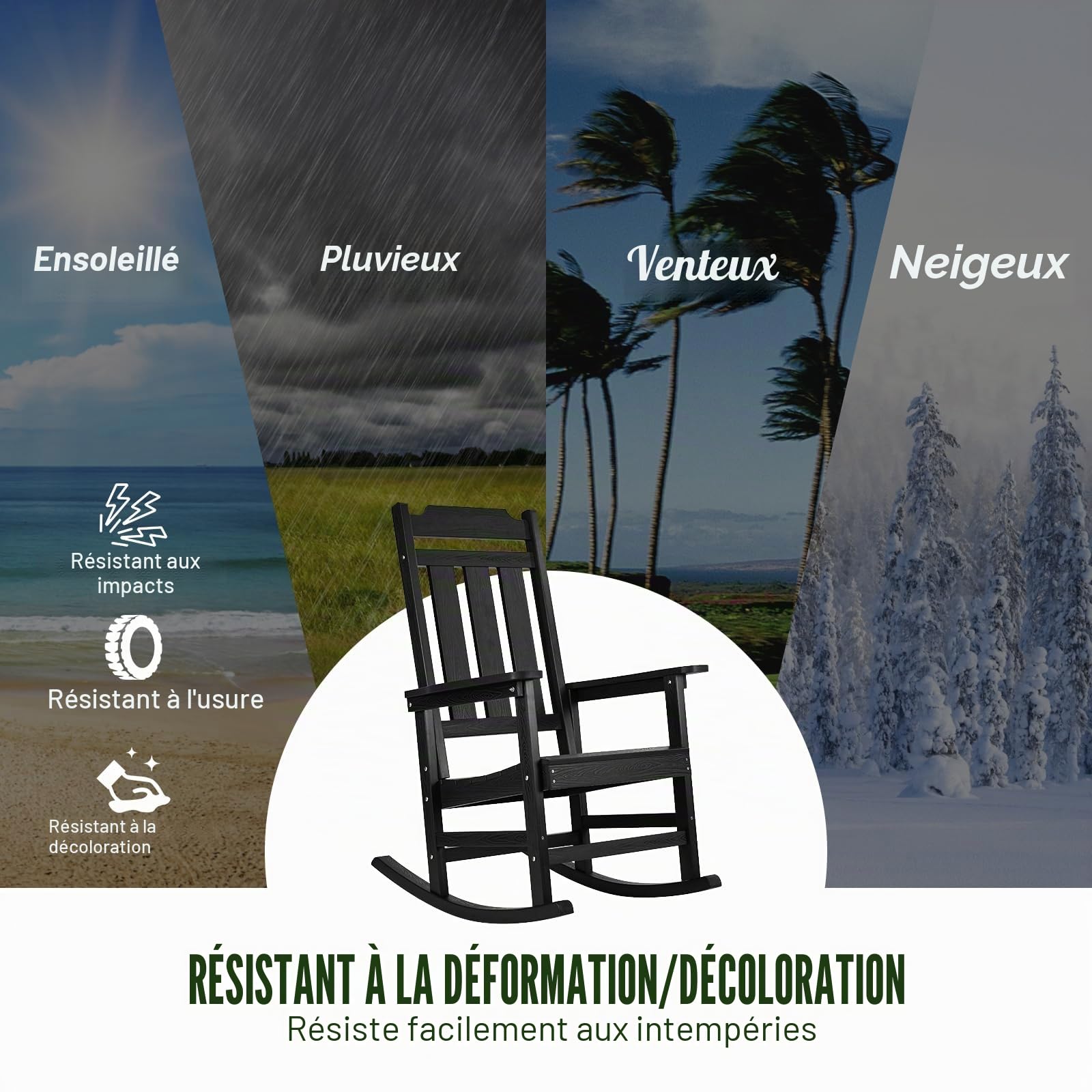 VEVOR Chaise à Bascule, Lot de 2, Chaise berçante d'extérieur HIPS, Charge 181,44 kg, Fauteuil de Relaxation à Dossier Haut avec accoudoirs Lisses, pour Jardin, Balcon, Porche, terrasse, Patio, Noir